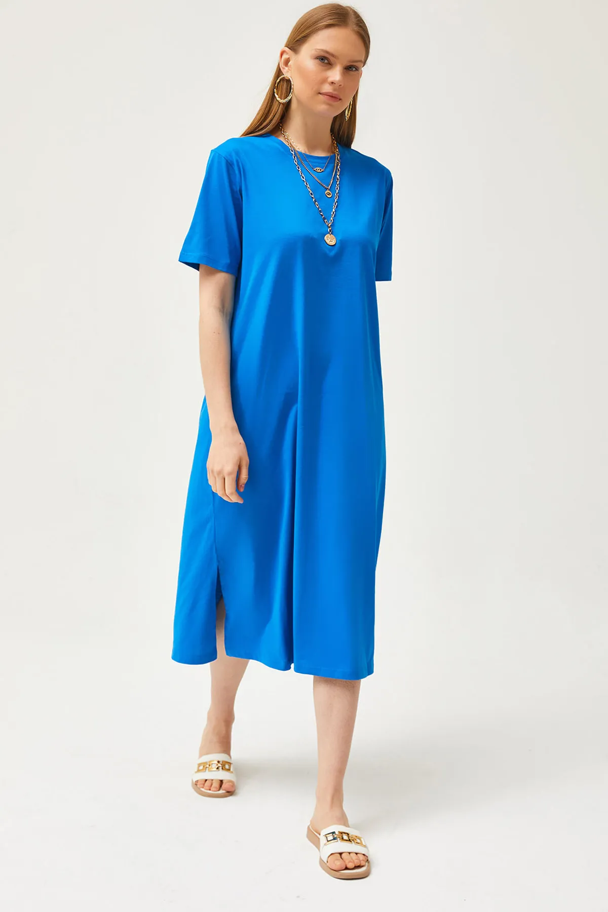 Olalook  Damen-Saks-Blaues Oversize-Baumwollkleid mit Seitenschlitzen ELB-19001880