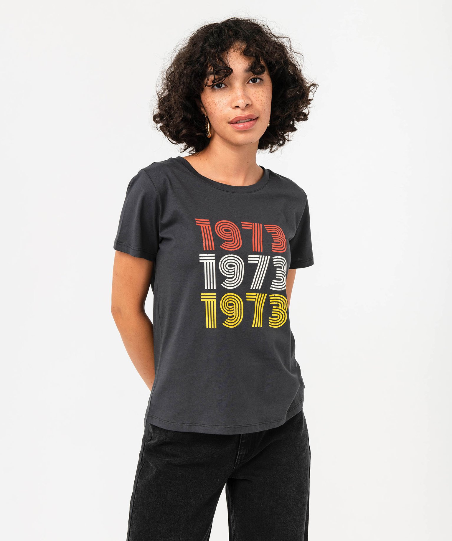 Tee-shirt à manches courtes avec inscription vintage femme gris | GEMO