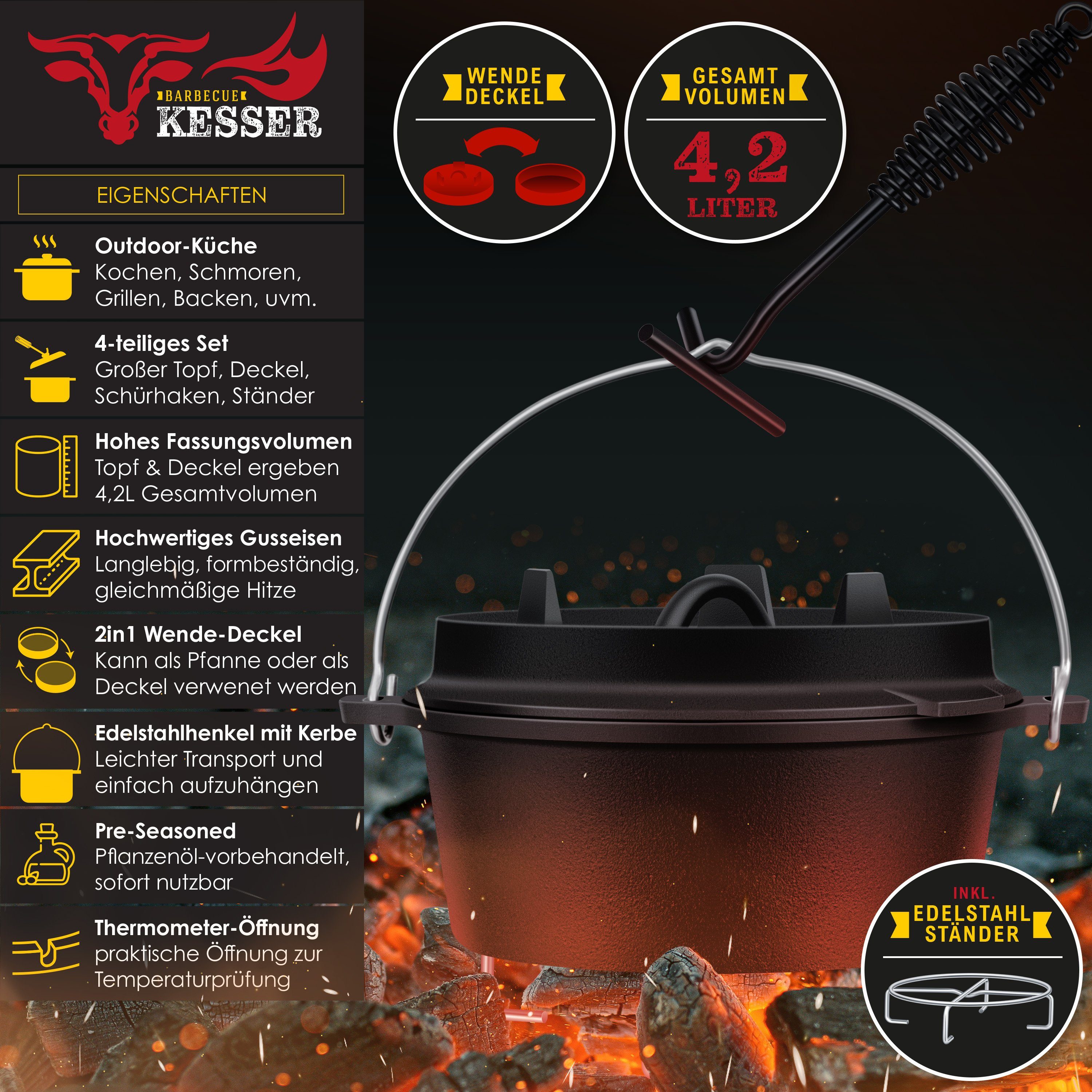 KESSER Feuertopf, Gußeisen, Dutch Oven Set BBQ Feuertopf Schmortopf, Gusseisen Topf