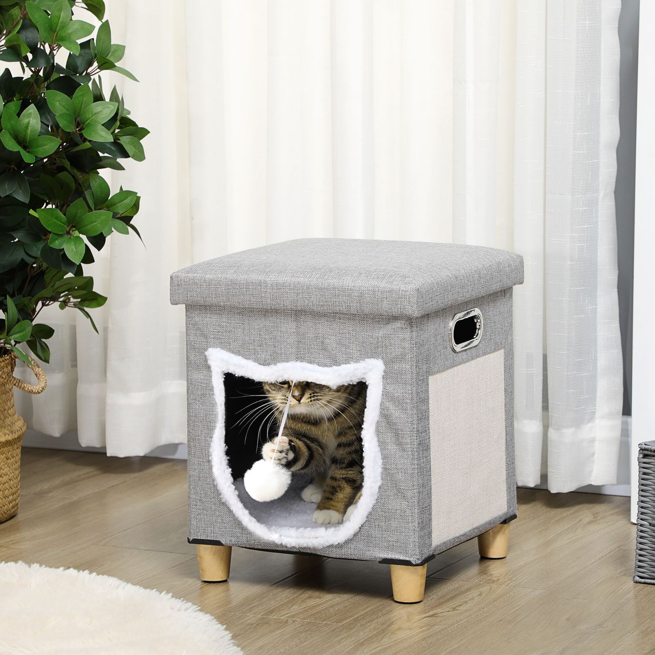 PawHut Katzenhöhle, Katzenhaus mit Kissen Ottomane mit Spielball Polyester, Grau