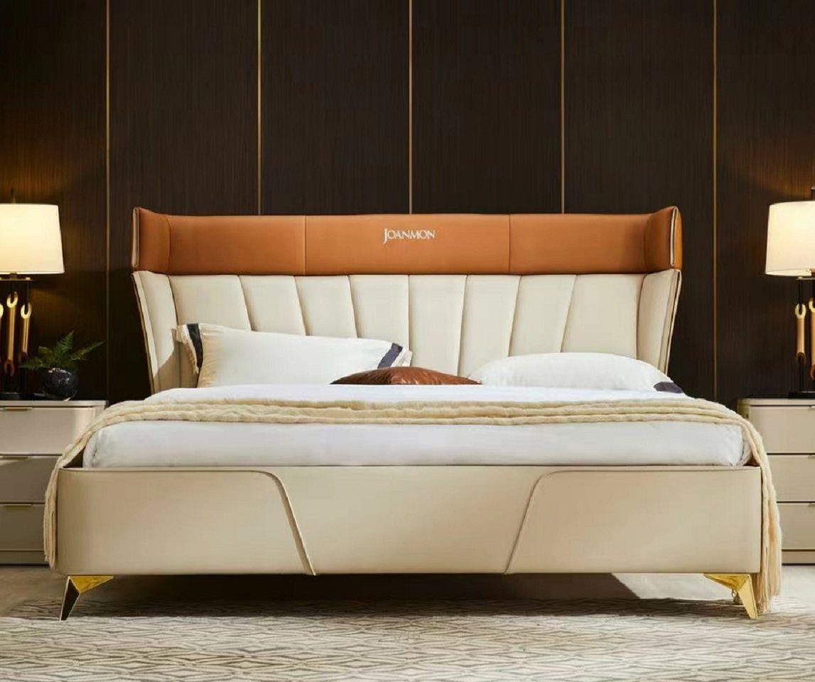 JVmoebel Bett Schlafzimmer Beiges Doppelbett Holzgestell Textil Möbel (1-tlg., Nur Bett), Made in Europa