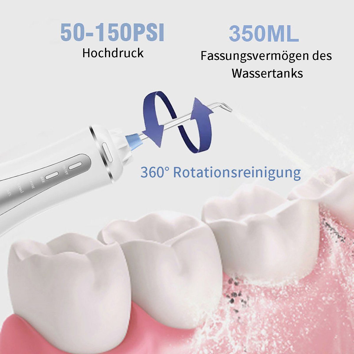 flowgoer Reise-Munddusche Tragbare Munddusche zur Tiefenreinigung mit 5 Modi und 6 Düsen, Großes Tankvolumen, wasserdicht, ideal für Reisen und Zuhause