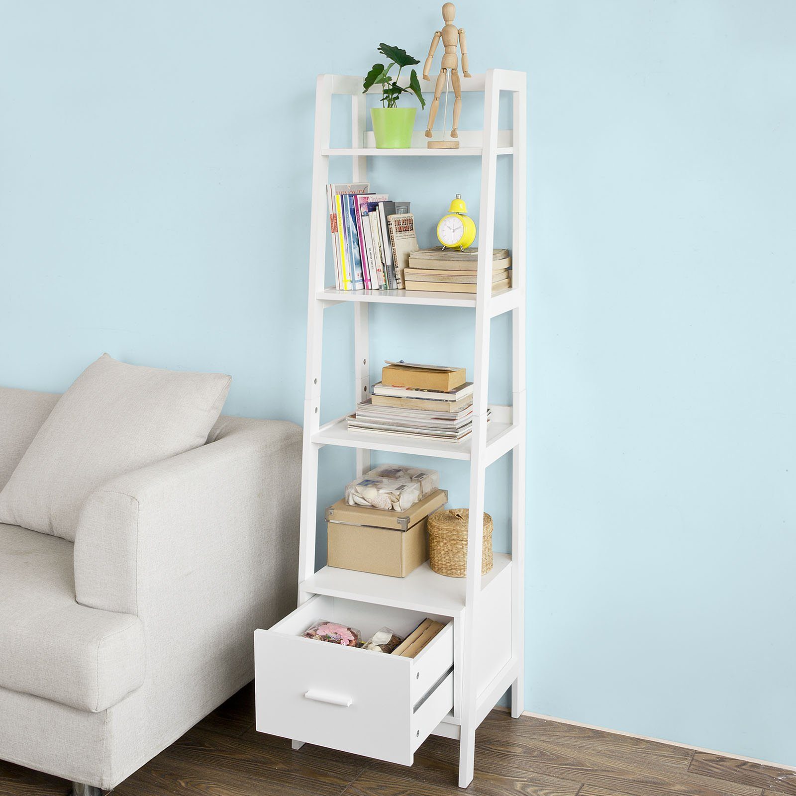 SoBuy Leiterregal FRG116, Bücherregal Standregal Badregal mit Ablagen und Schublade in Weiß