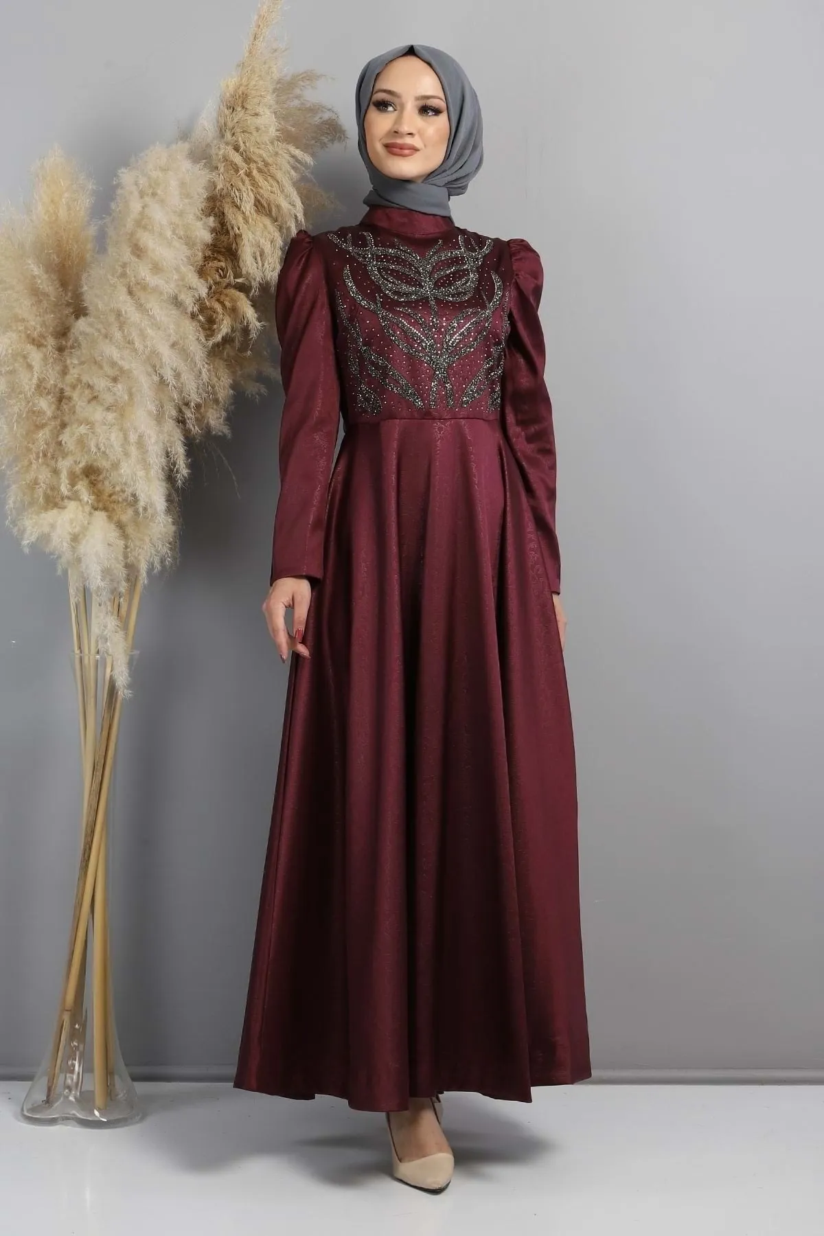 Modamihram  Stoned Burnt gemustertes Abendkleid Pflaume