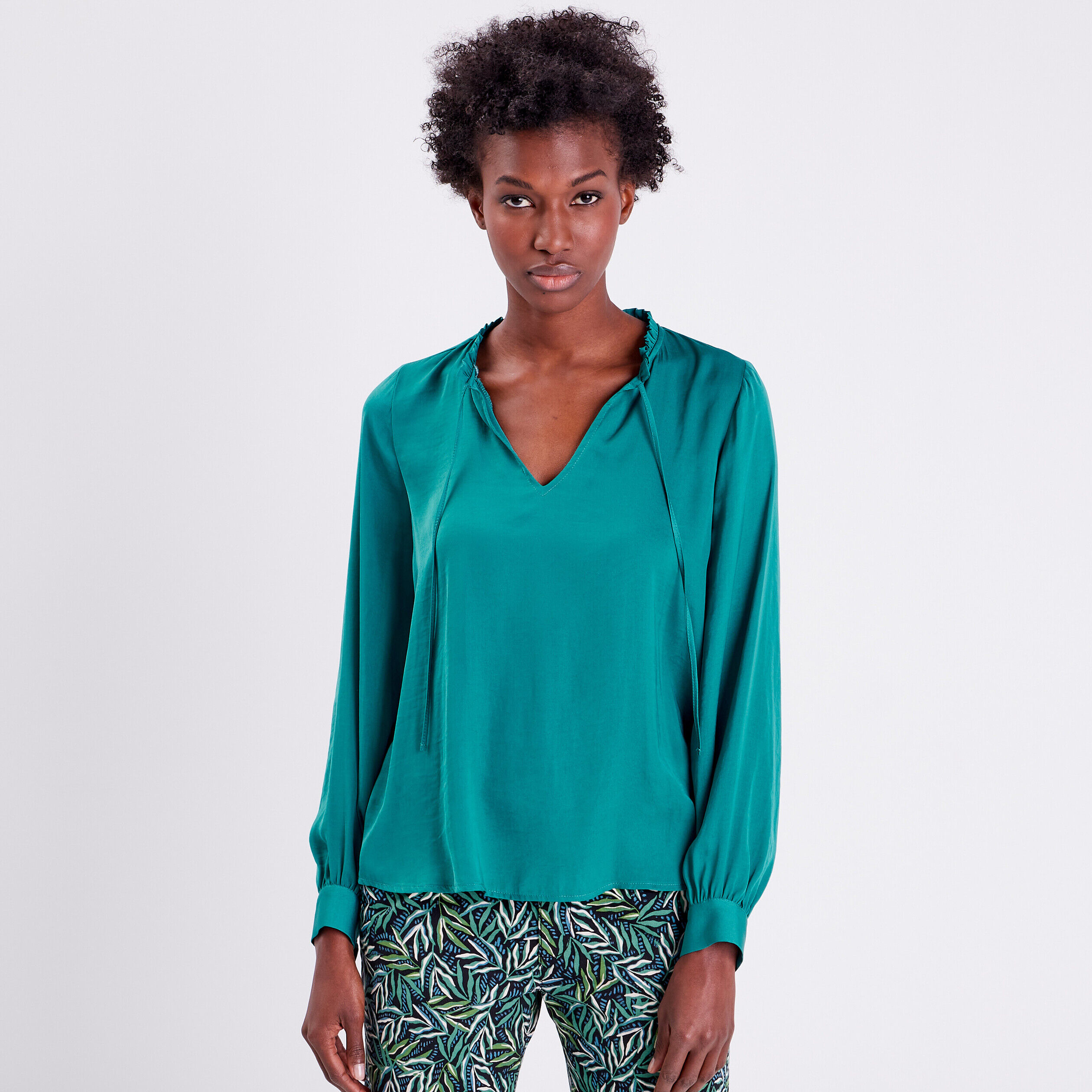 Blouse manches longues satinée vert émeraude femme | Cache Cache