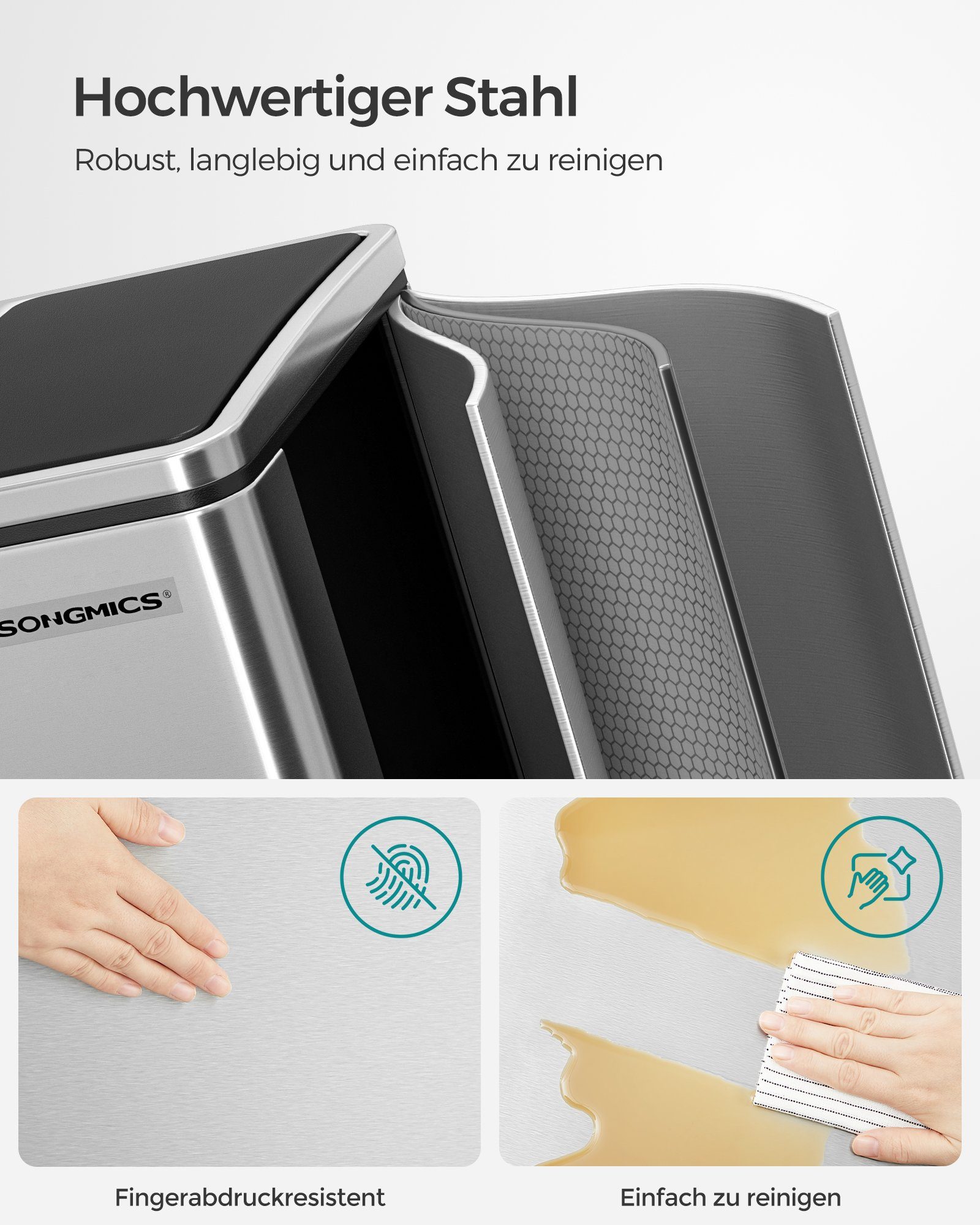 SONGMICS Mülleimer Metall-Fußreling, Abfalleimer, 30L, ergonomisch, Stahl