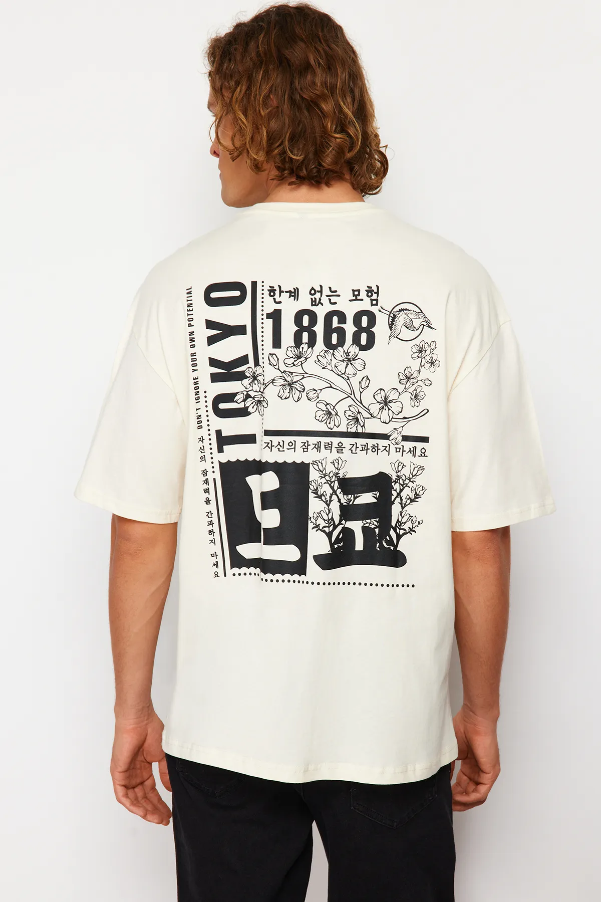 Trendyol Collection  Stone Oversize/Weit geschnittenes, kurzärmliges T-Shirt aus 100 % Baumwolle mit Fernost-Print TMNSS23TS00170