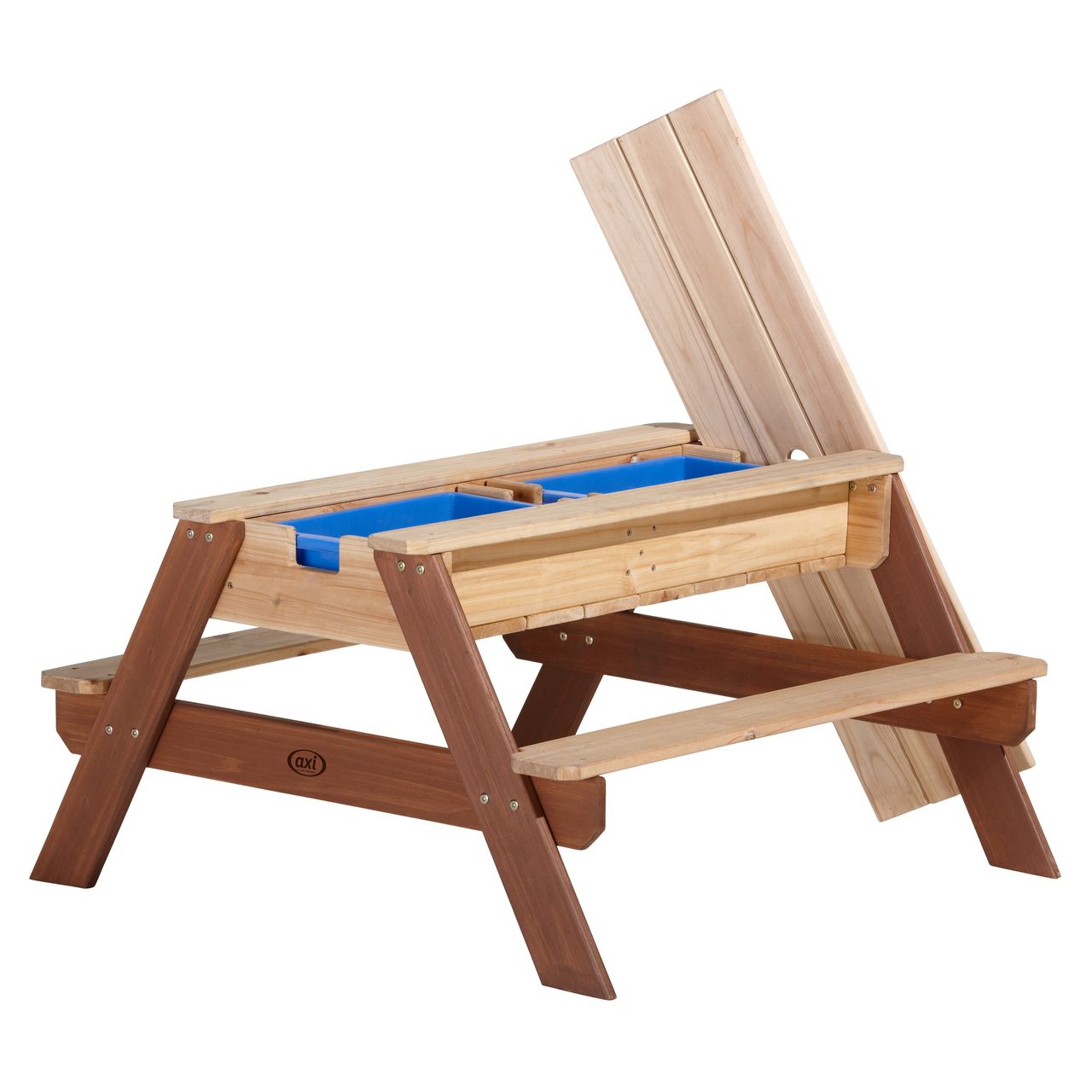 AXI Nick Sand & Wasser Picknicktisch Braun - Sonnenschirm Blau/weiß