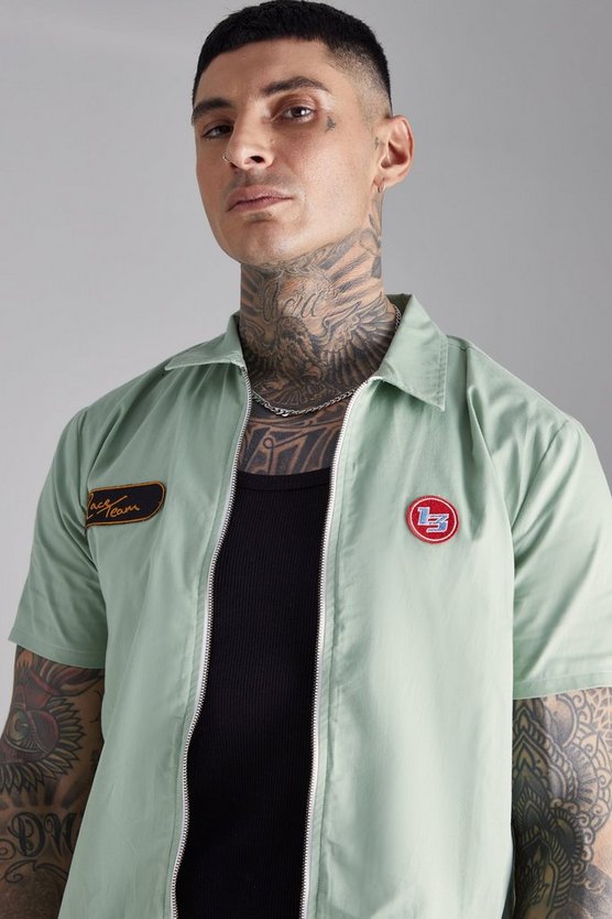 Tall kurzärmliges Twill Moto-Hemd mit Reißverschluss