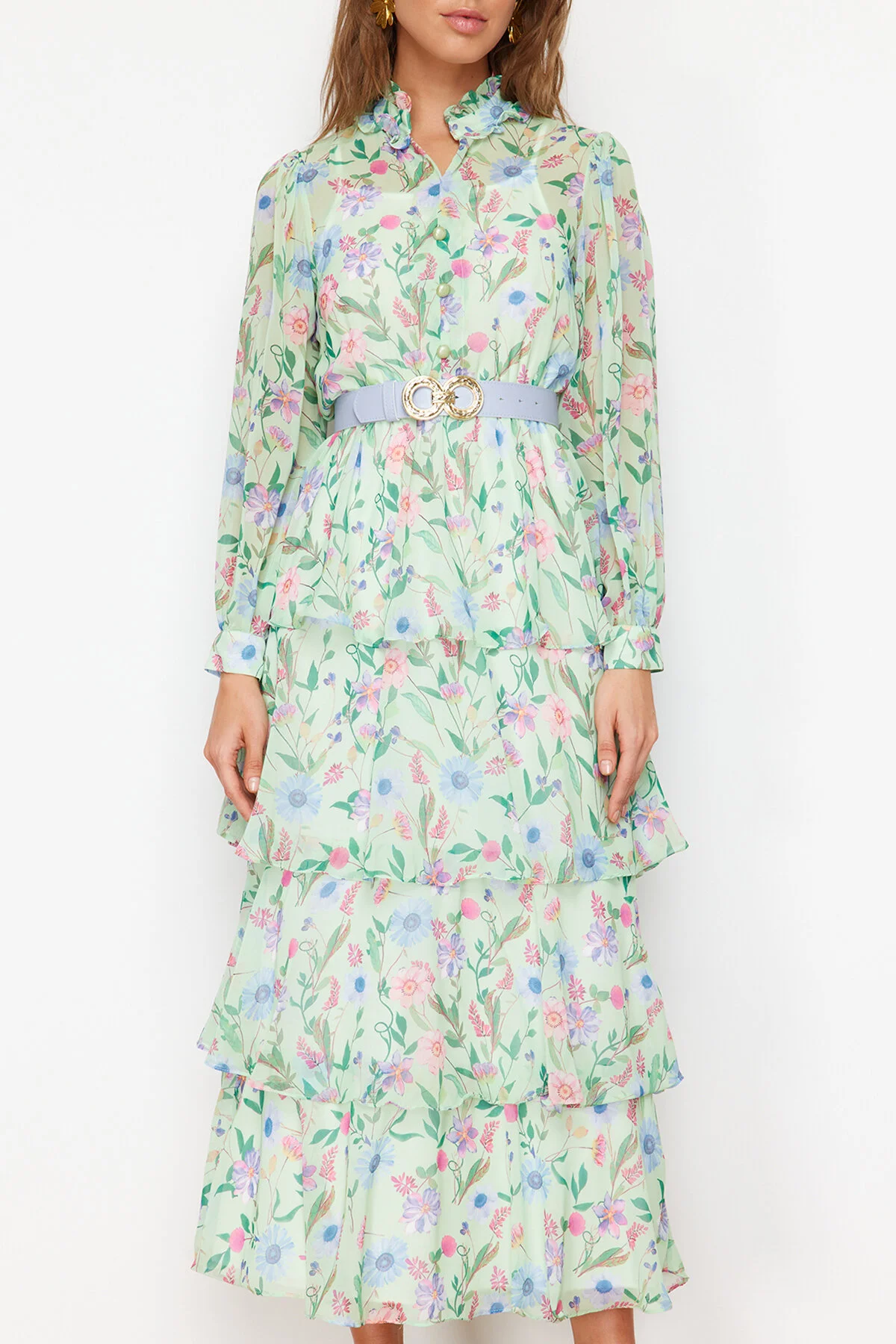 Trendyol Modest  Grünes Chiffonkleid mit Blumenmuster, gefüttert, Gürtel und Netzstoff TCTSS24EB00024