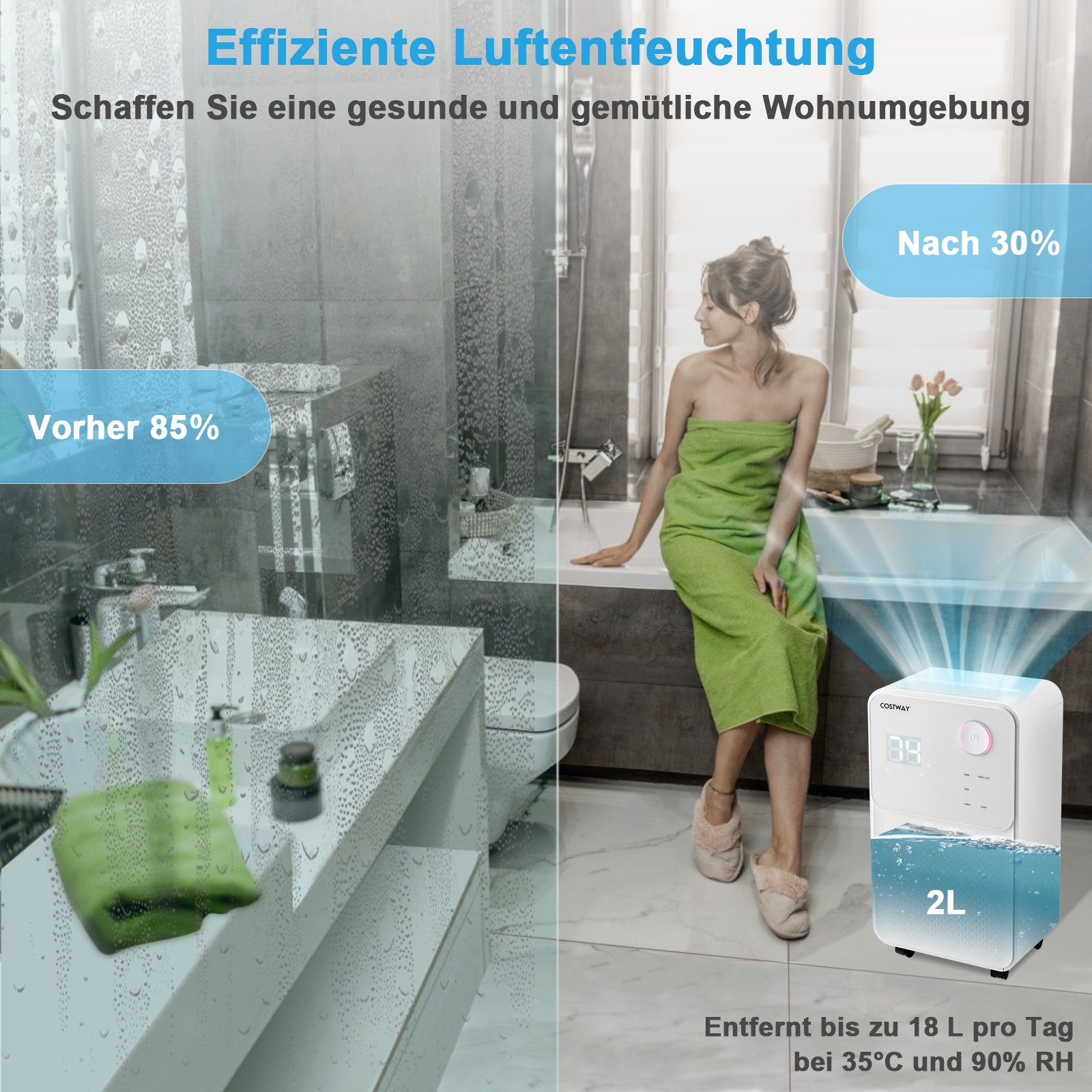 COSTWAY Luftentfeuchter, für 15 m³ Räume, Entfeuchtung 12,00 l/Tag, Tank 2,00 l, 15m³, 4 Modi