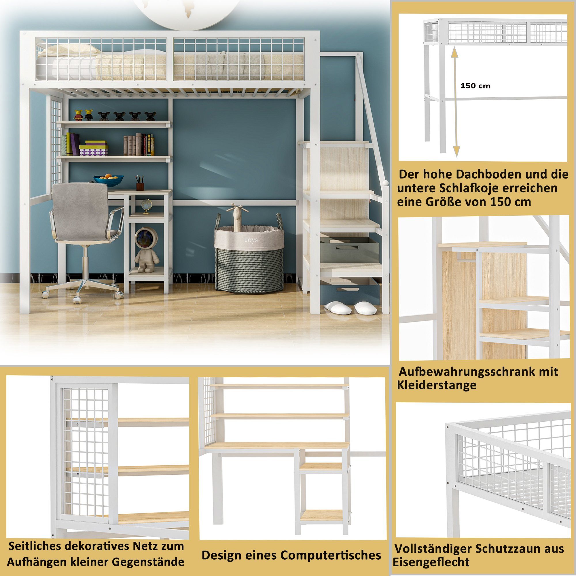 Flieks Hochbett Kinderbett 90x200cm mit Tisch/Leiter/Regal/Kleiderschrank (ohne Stuhl)