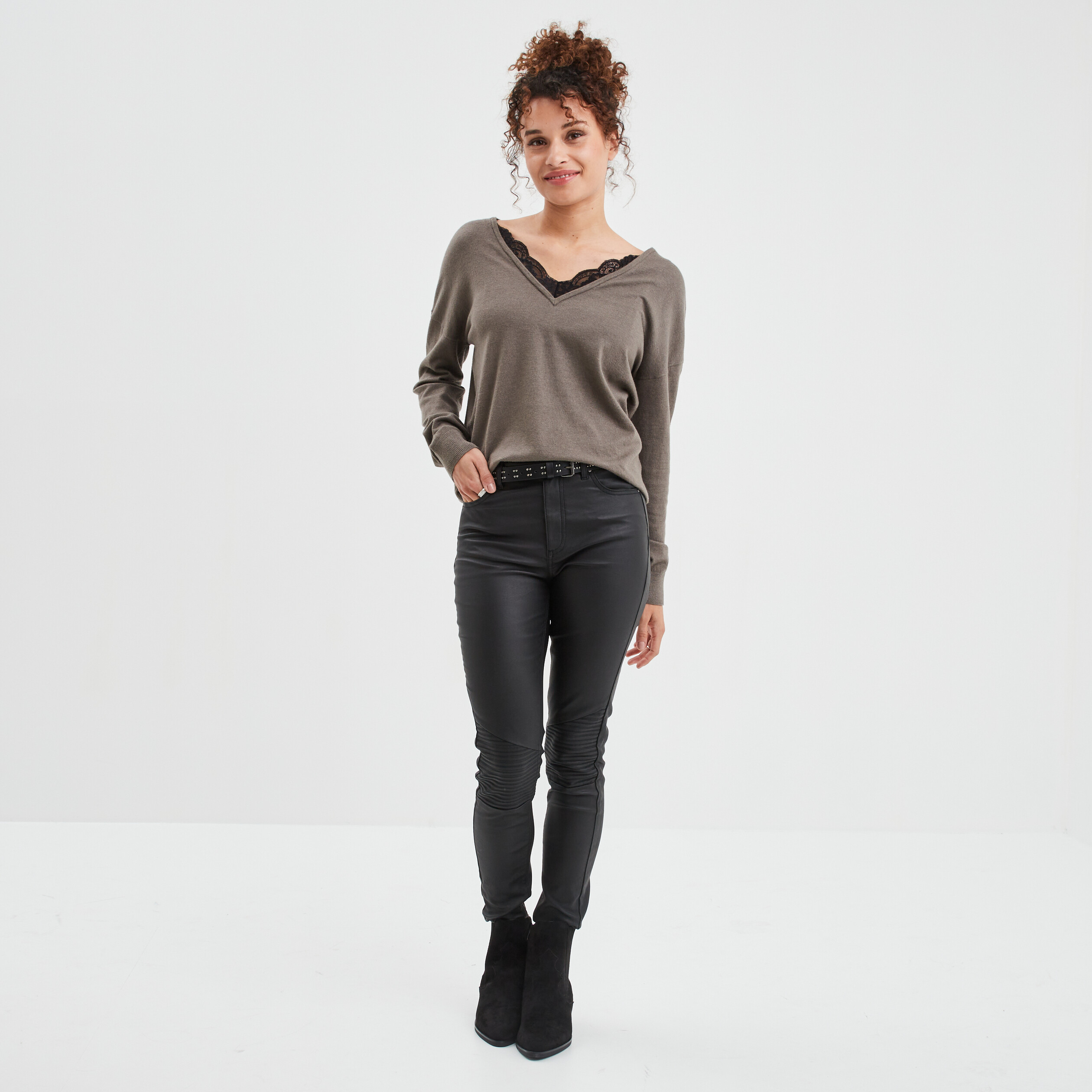 Pantalon biker enduit slim Liberto noir femme | La Halle