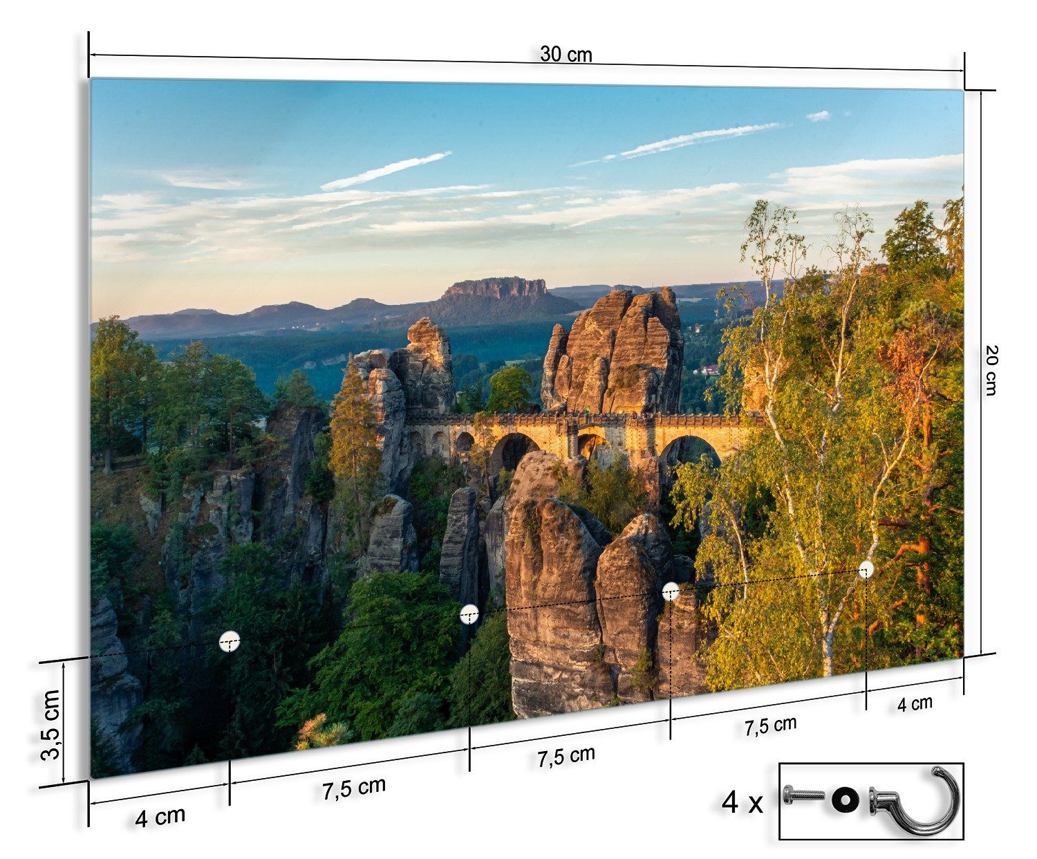 Wallario Schlüsselbrett Steinerne Brücke in der Landschaft, (inkl. Aufhängeset), 30x20cm, aus ESG-Sicherheitsglas