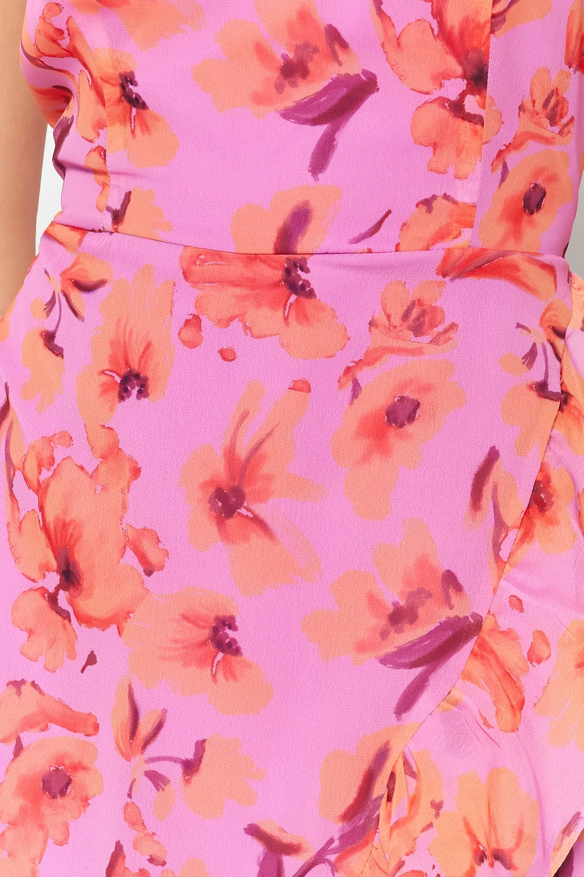 Trendyol Collection  Rosa Midi-Kleid mit gewebtem, gefüttertem, gekräuseltem, asymmetrischem Rock und Blumenmuster, gewebtes Kleid TWOSS23EL02012