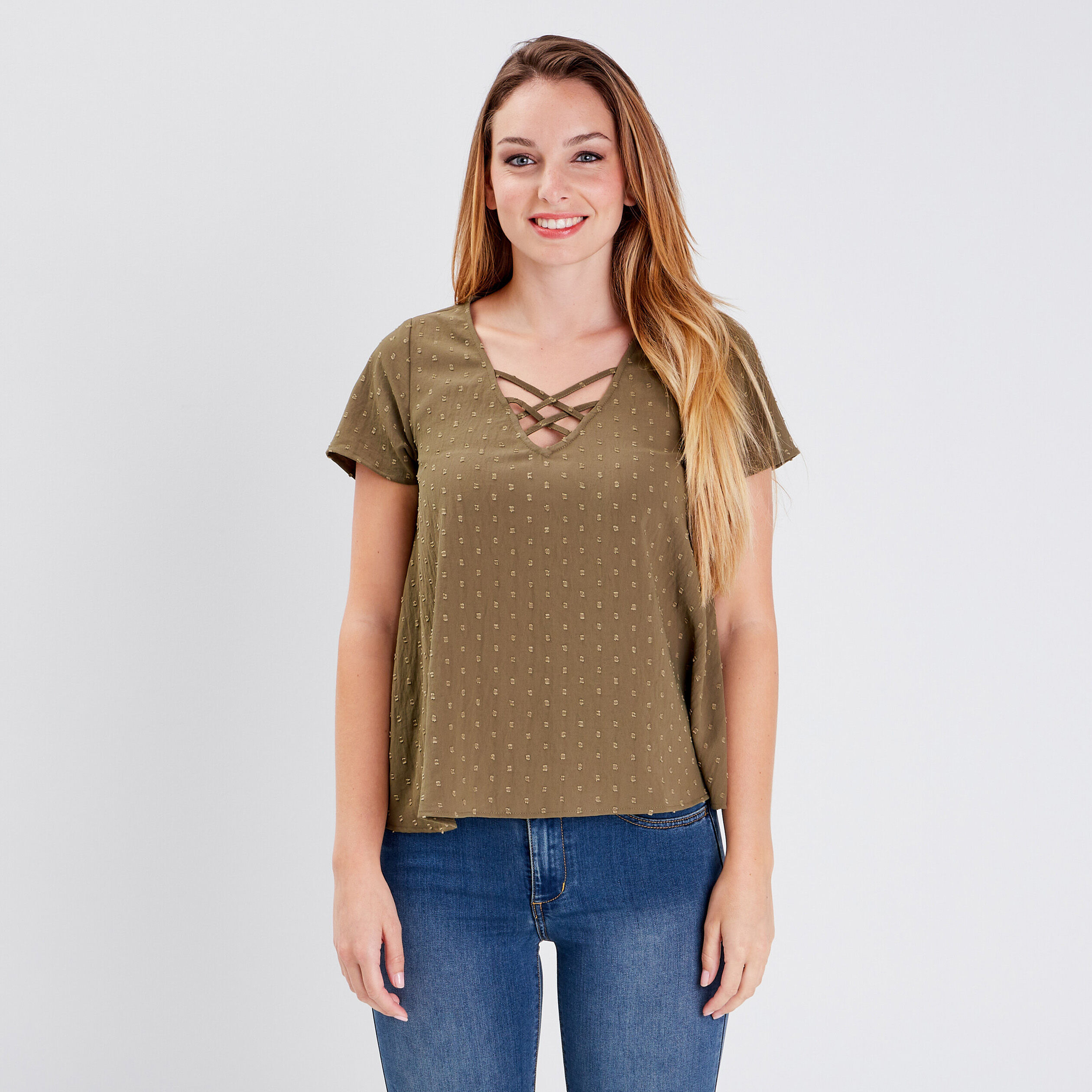 Blouse manches courtes vert kaki femme | Cache Cache