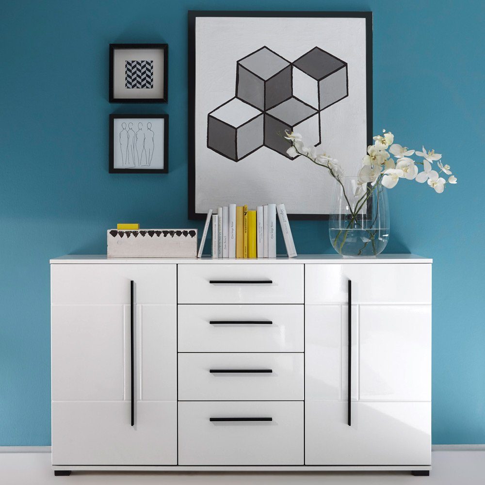 Lomadox Essgruppe COLORADO-61, (Spar-Set), weiß Hochglanz 2 Vitrinen und großem Sideboard 300x200x42cm