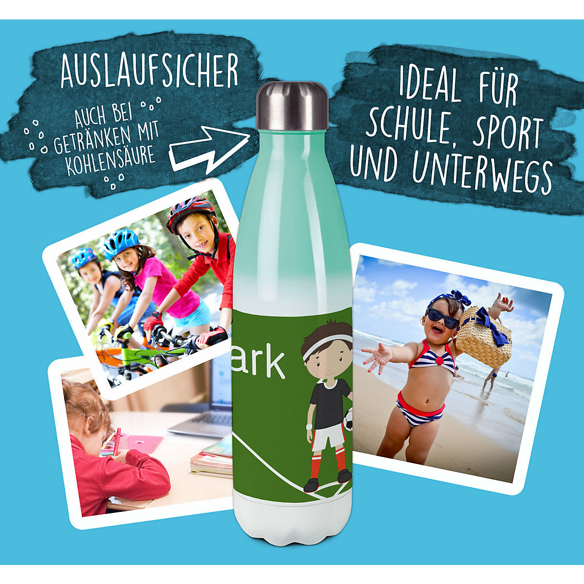 Edelstahl Kinder Thermoflasche / Trinkflasche bunt Fußballspieler Spülmaschinenfest, Auslaufsicher, Bruchfest, Doppelwandig, Für Heißgetränke geeignet, Mit Deckel, Isoliert