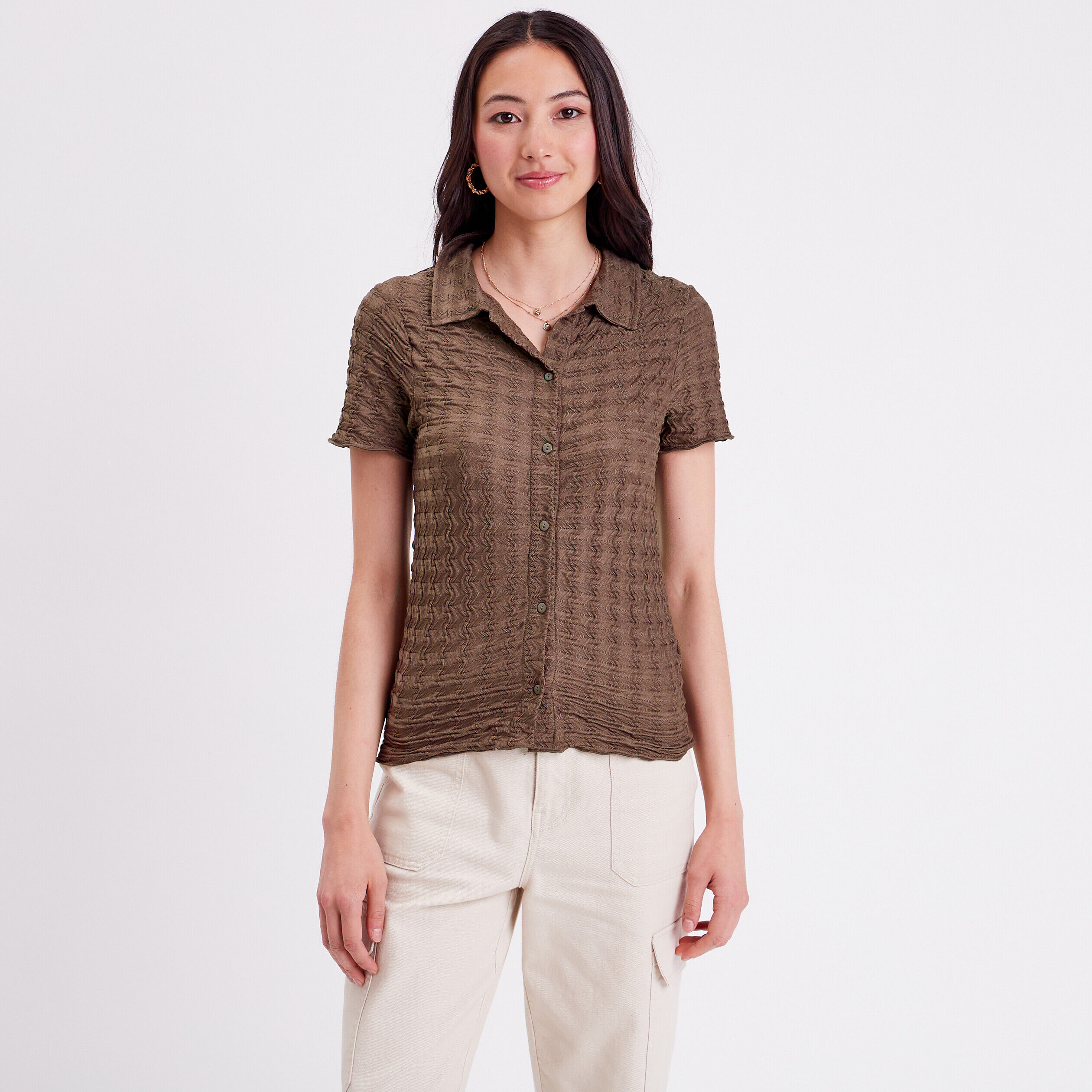 Blouse manches courtes gaufré taupe femme | Cache Cache