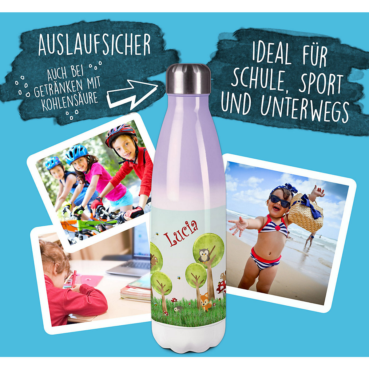 Edelstahl Kinder Thermoflasche / Trinkflasche bunt Waldwiese Spülmaschinenfest, Auslaufsicher, Bruchfest, Doppelwandig, Für Heißgetränke geeignet, Mit Deckel, Isoliert