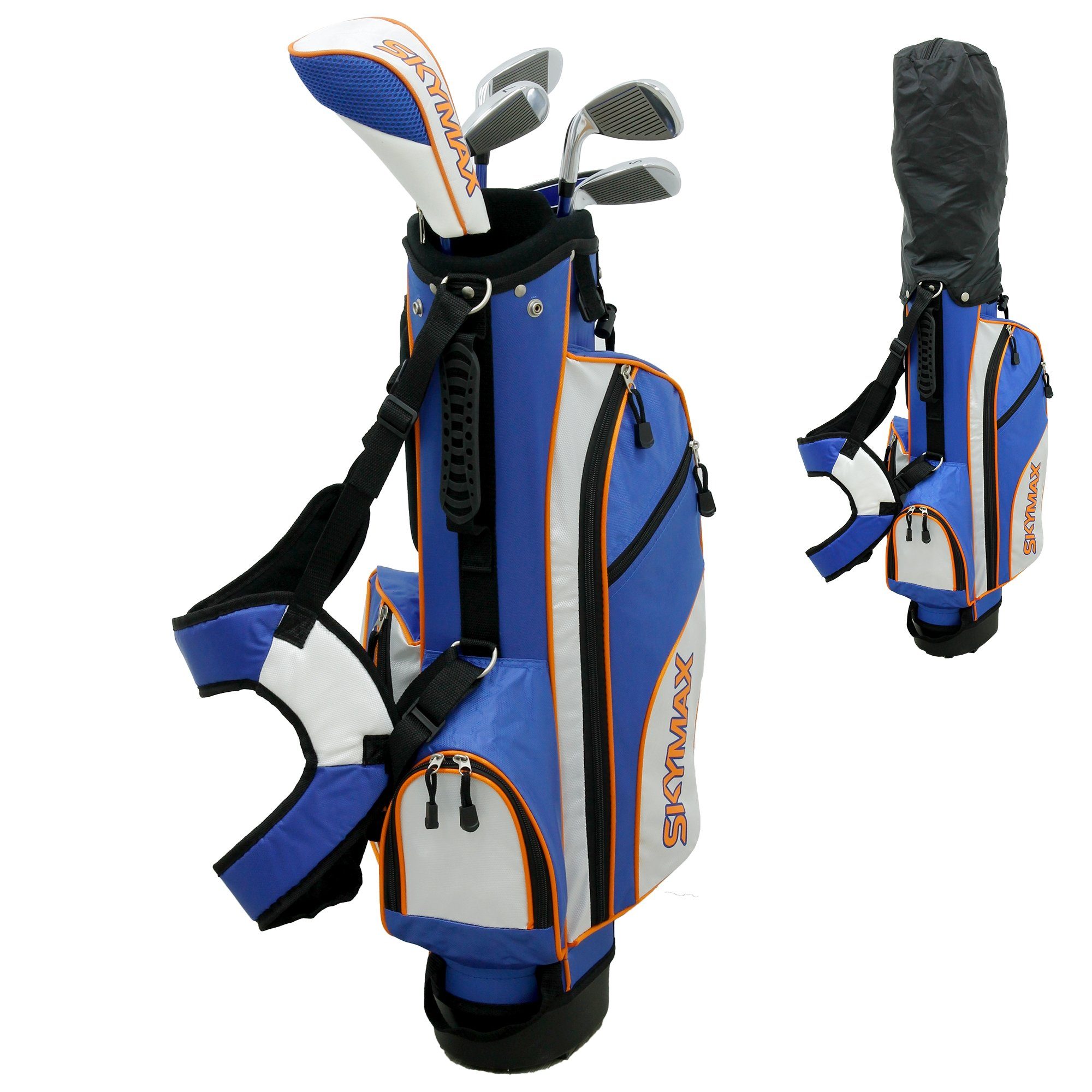 ECD Germany Golftrolley Skymax Junior Set Golftasche Golf Caddybag Kinderset Golfbag Standbag, Für 6 Golfschlägern Blau-Weiß 6-9 RH mit 4 Fächern Regenschutzhülle