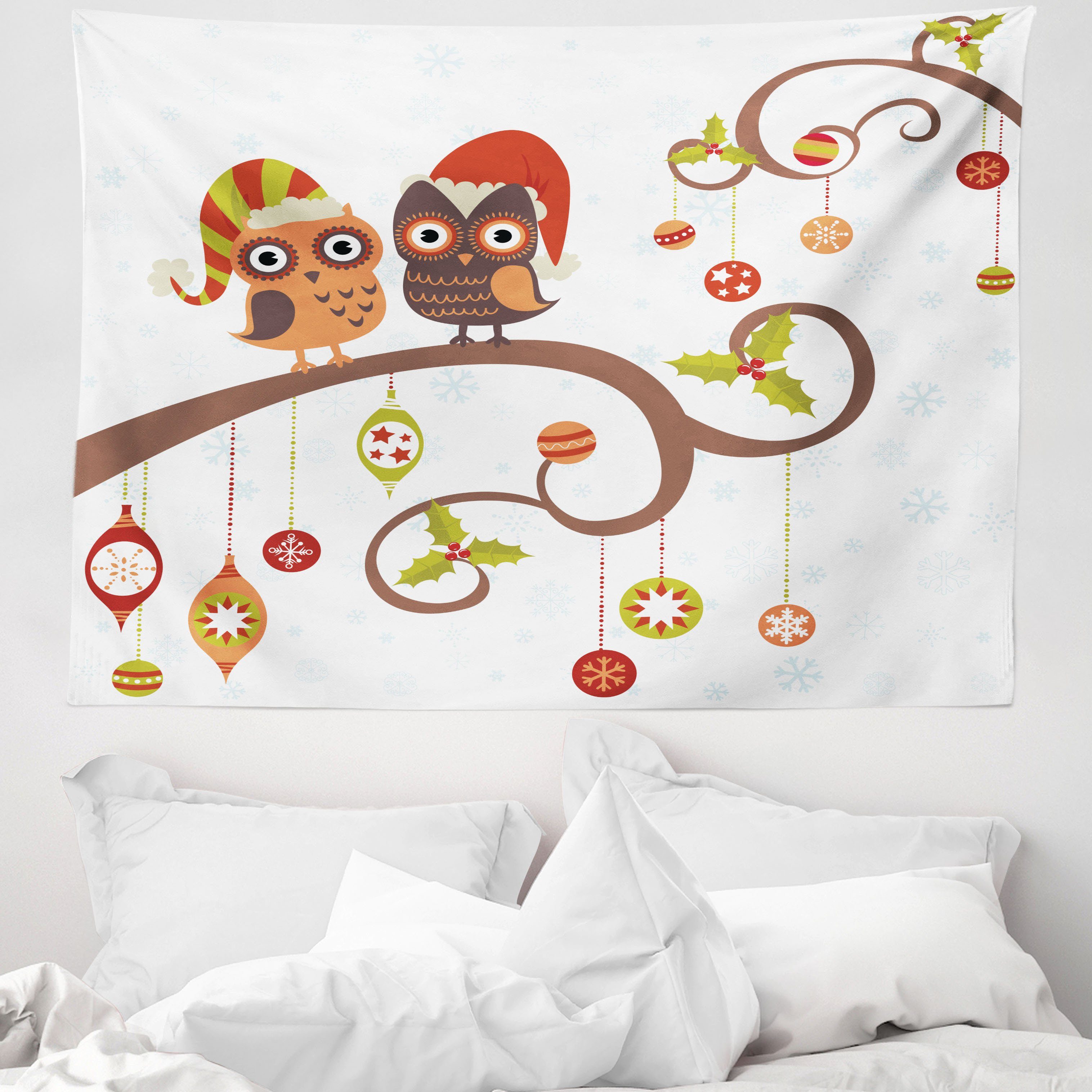 Wandteppich aus Weiches Mikrofaser Stoff Für das Wohn und Schlafzimmer, Abakuhaus, rechteckig, Weihnachten Noel Eulen Folkloric