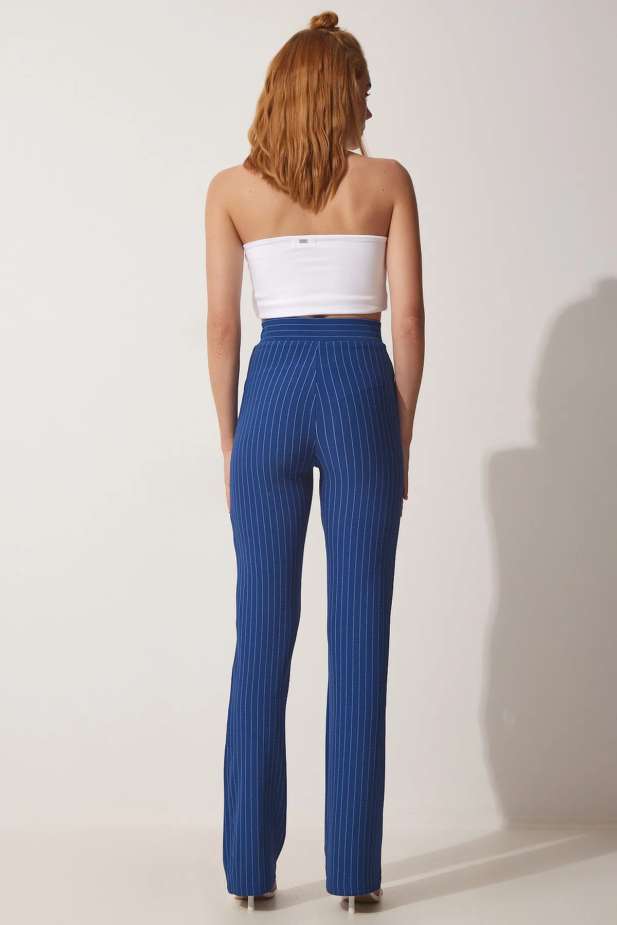 Happiness İstanbul  Indigoblaue gestreifte Damenhose mit hoher Taille RV00094