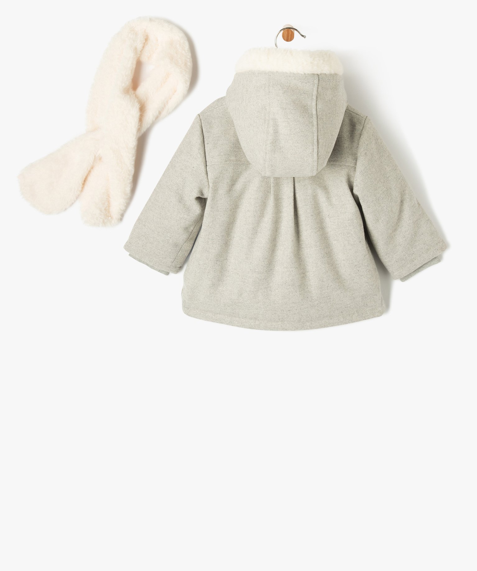 Manteau à capuche doublé peluche avec écharpe bébé fille gris clair | GEMO