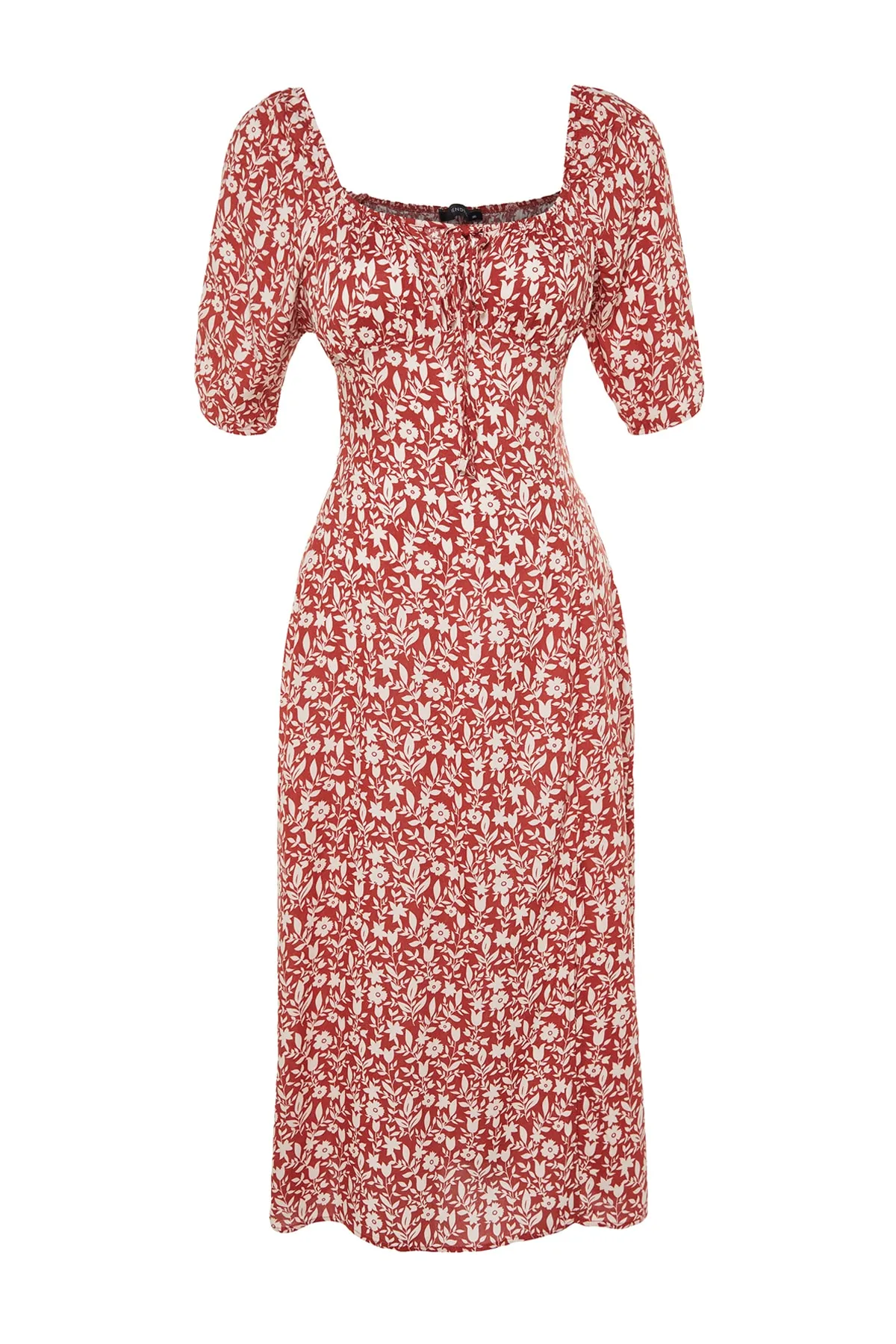 Trendyol Collection  Braunes, gerade geschnittenes Midi-Kleid aus gewebter Viskose mit Blumenmuster und Bindedetail TWOSS23EL00410
