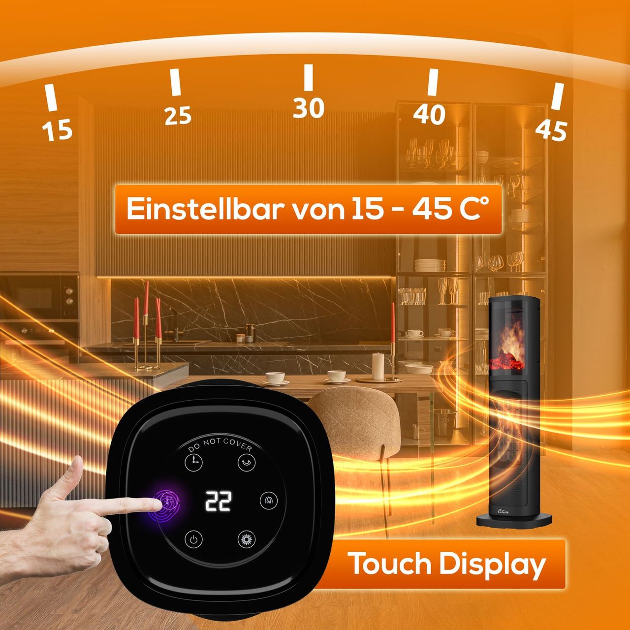 TroniTechnik Turmheizer mit Keramikelement,Heizgerät Flammeneffekt,2000 W, PTC Keramik, Schwarz