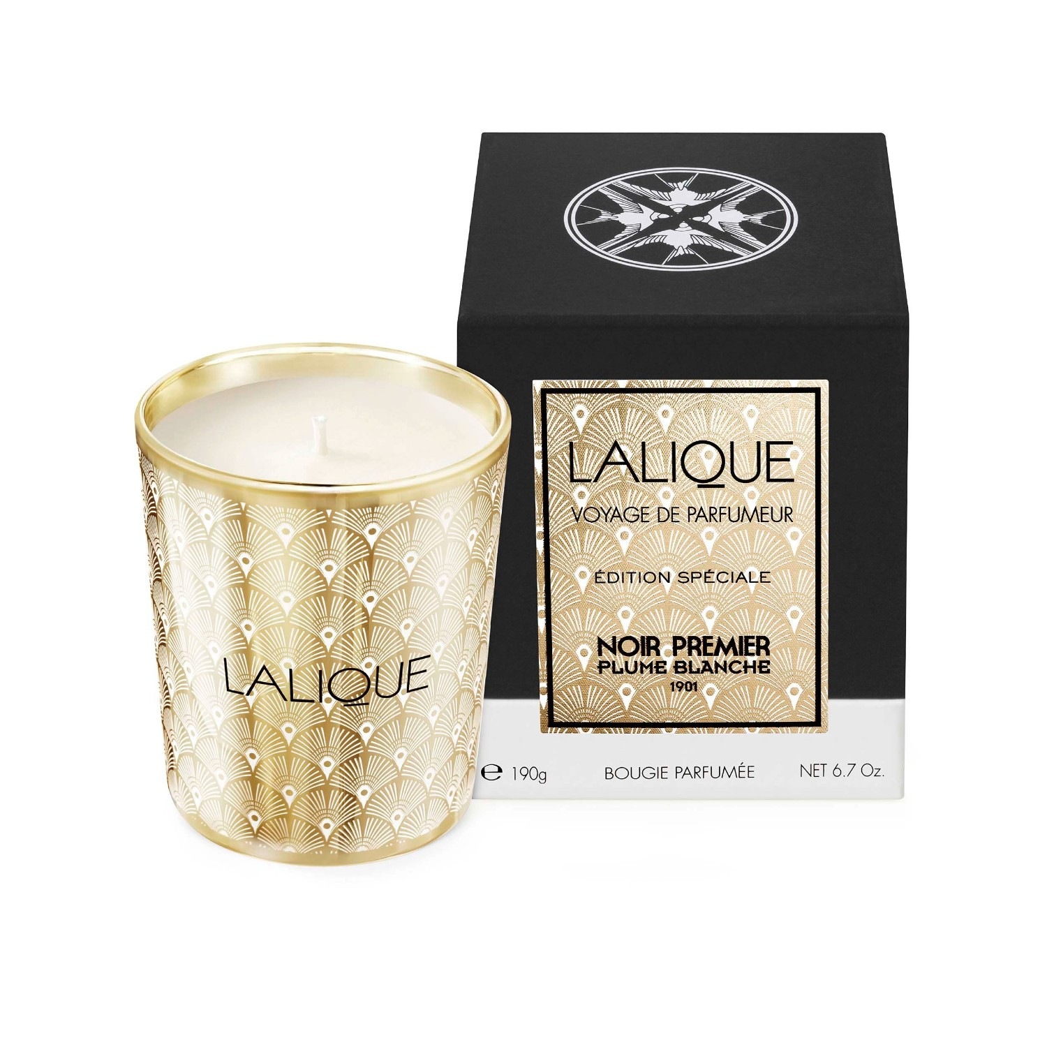 Lalique juoda žvakė Premier balta plunksna
