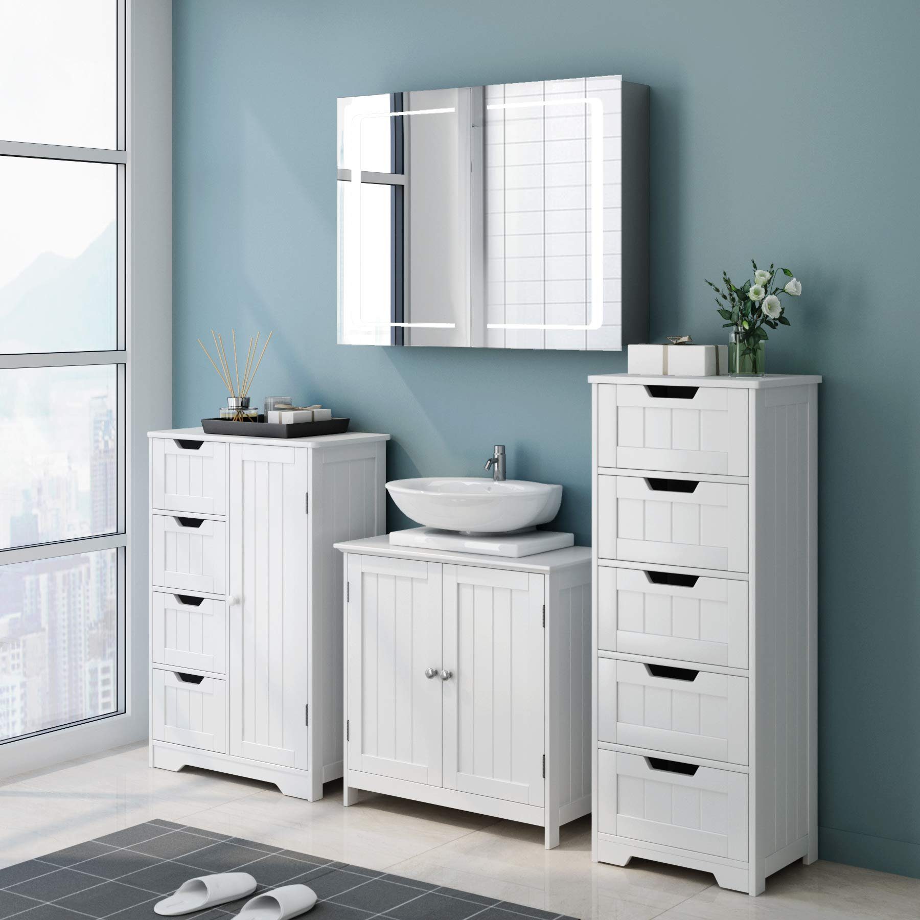 Homfa Kommode, Badschrank, Badkommode, mit 5 Schubladen, 40x30x102cm, weiß