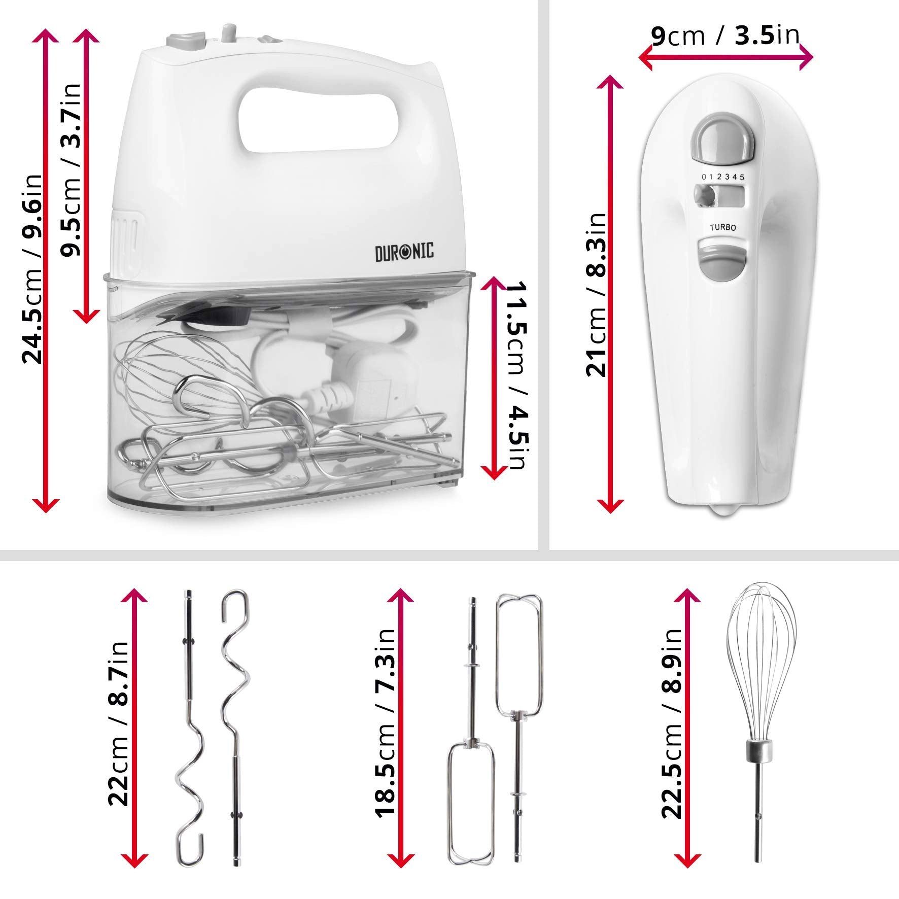 Duronic Handmixer, HM4 W elektrischer Handmixer, 400 Watt, Aufbewahrungsbox