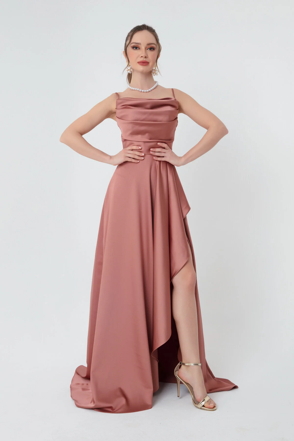 Lafaba  Lachsfarbenes Volant-Schlitz-Satin-Abendkleid und Abschlusskleid für Damen