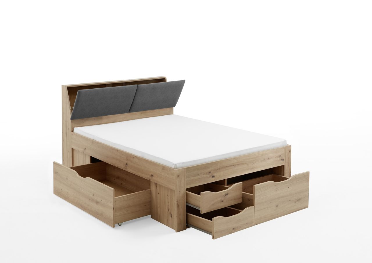 Relita Funktionsbett Maxi 140 x 200 cm, mit Rolllattenrost mit 5 Bettschubladen und Stauraum-Polster-Kopfteil Eiche Artisan Dekor