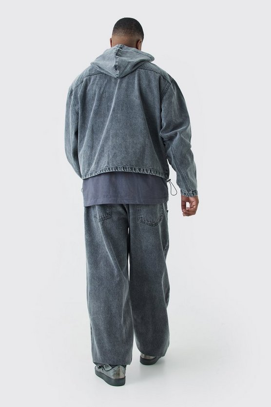 Plus Denim Acid Wash Tape Detail Hoodie