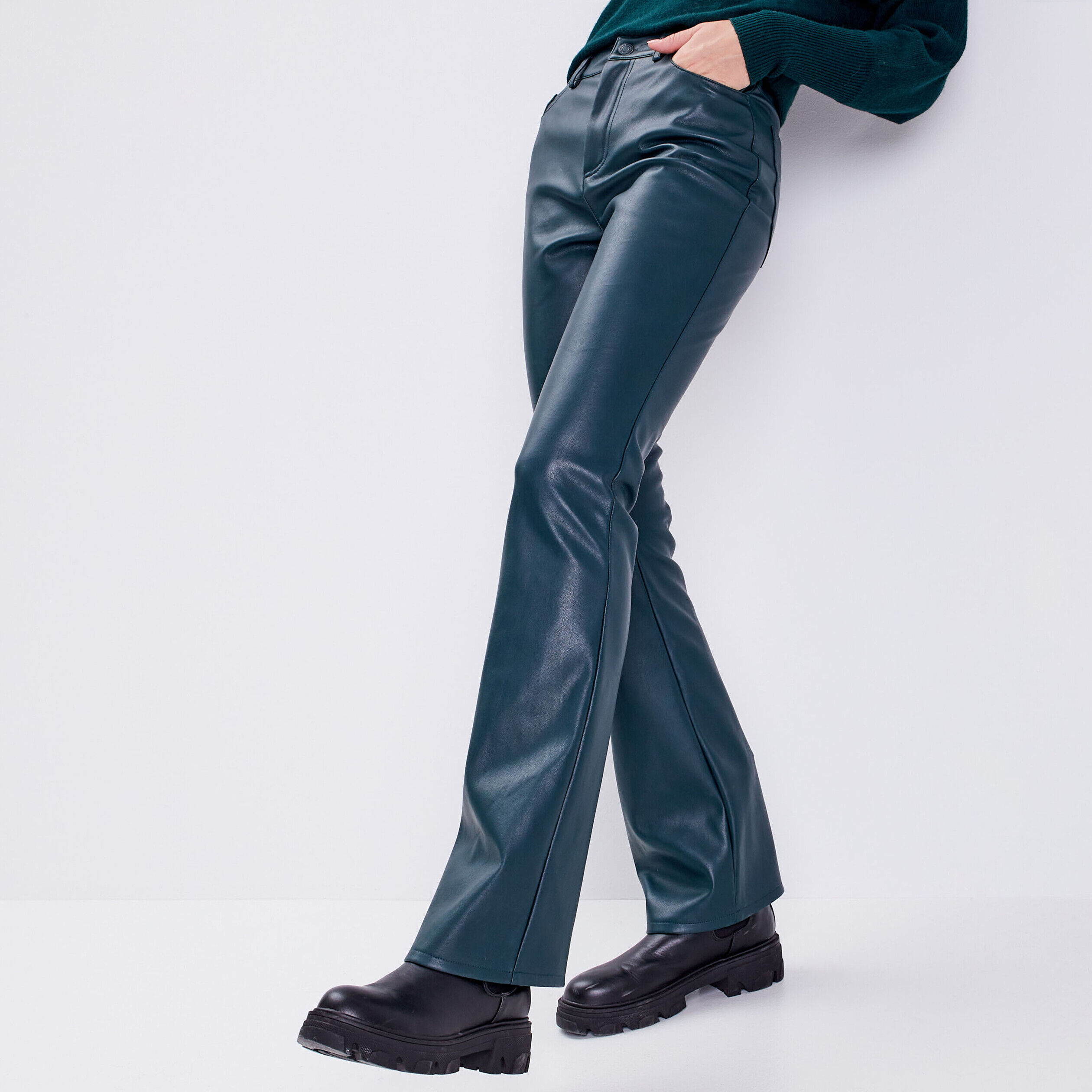 Pantalon flare simili cuir vert foncé femme | Cache Cache