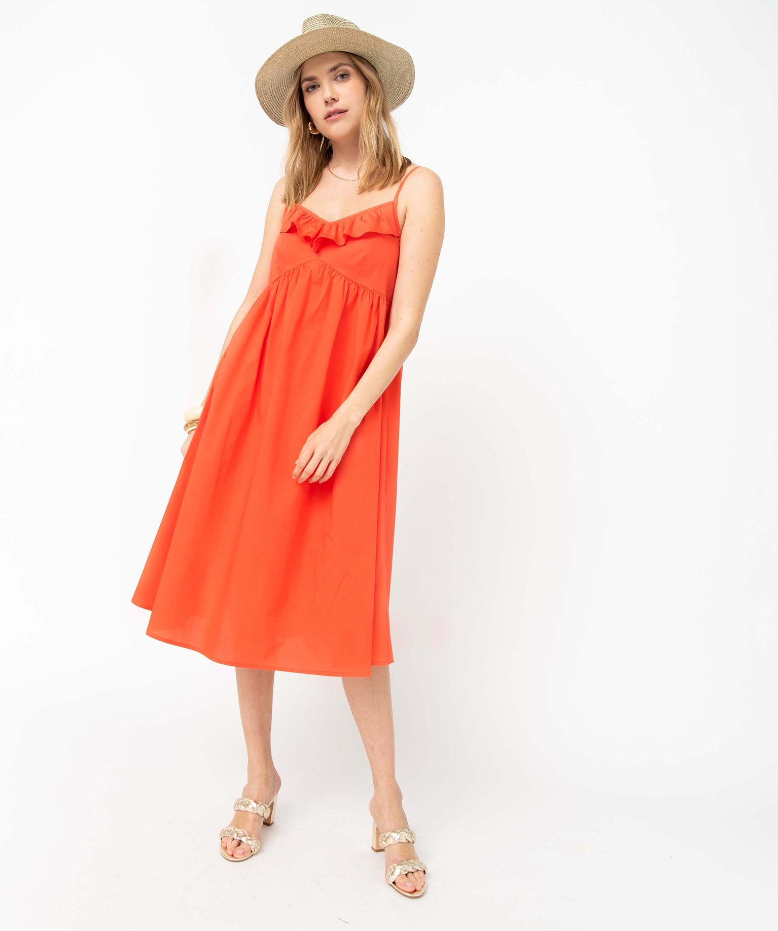 Robe femme à bretelles longueur midi orange | GEMO