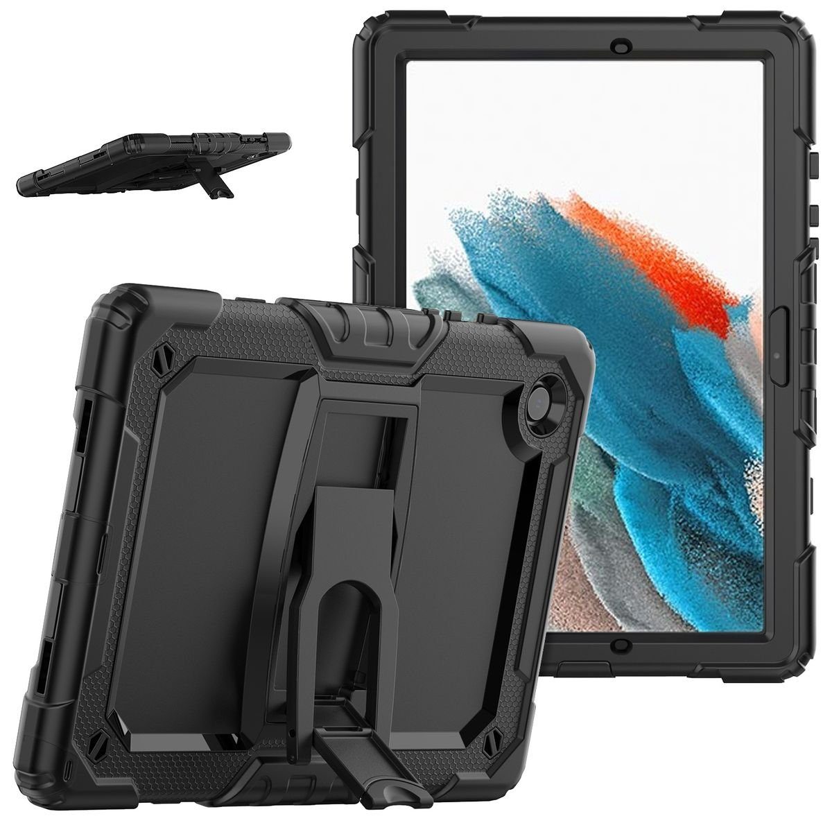 Wigento Tablet-Hülle Für Samsung Galaxy Tab A8 10.5 2021 X200 / X205 aufstellbare Outdoor Hybrid Schwarz mit Trage Gurt Tablet Tasche Etuis Cover Case Schutz Robust Neu
