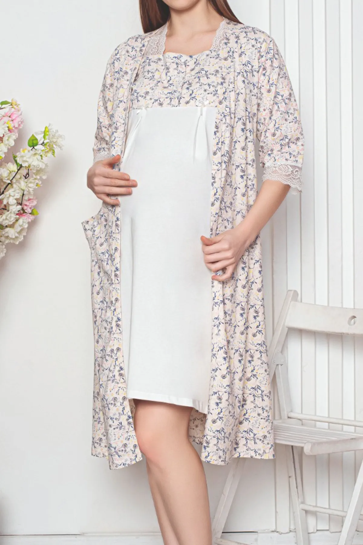 Nicoletta  Umstands-Morgenmantel, Tunika, Doppel-Set, Lycra, Indigo