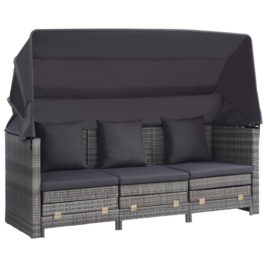 vidaXL Loungesofa Ausziehbares 3-Sitzer-Schlafsofa mit Dach Poly Rattan Grau, 1 Teile