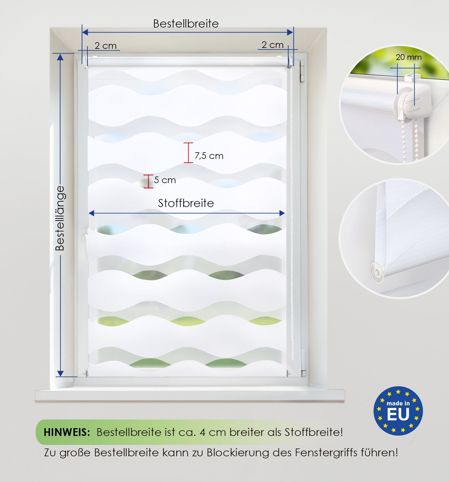 Doppelrollo Fensterrollo WELLE Klemmfixierung, Rikmani, Klemm- oder Schraubmontage