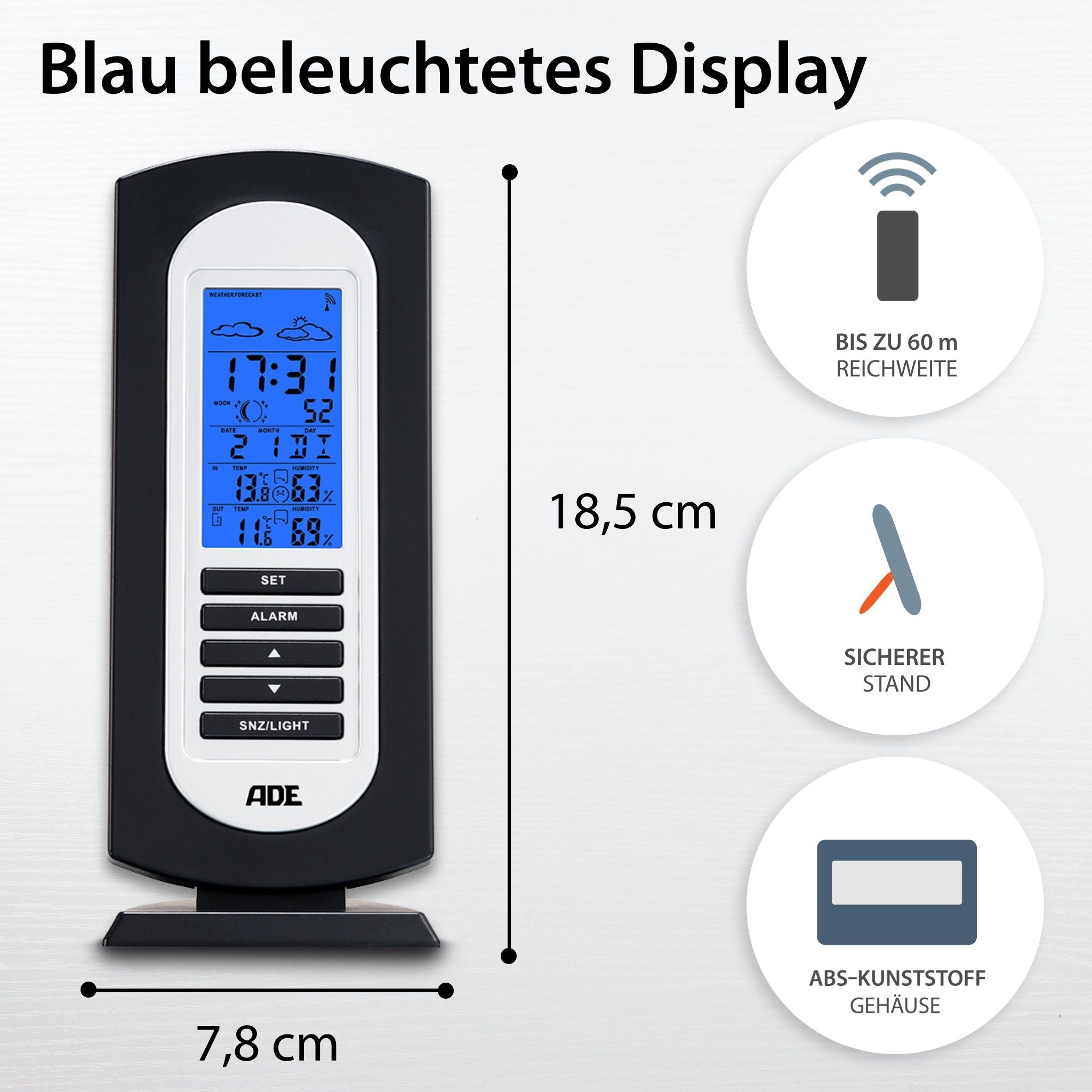 ADE Wetterstation Funk mit Außensensor, mit Vorhersage Funkwetterstation (mit Außensensor, Temperatur, Luftfeuchtigkeit, Uhrzeit, Wettervorhersage)