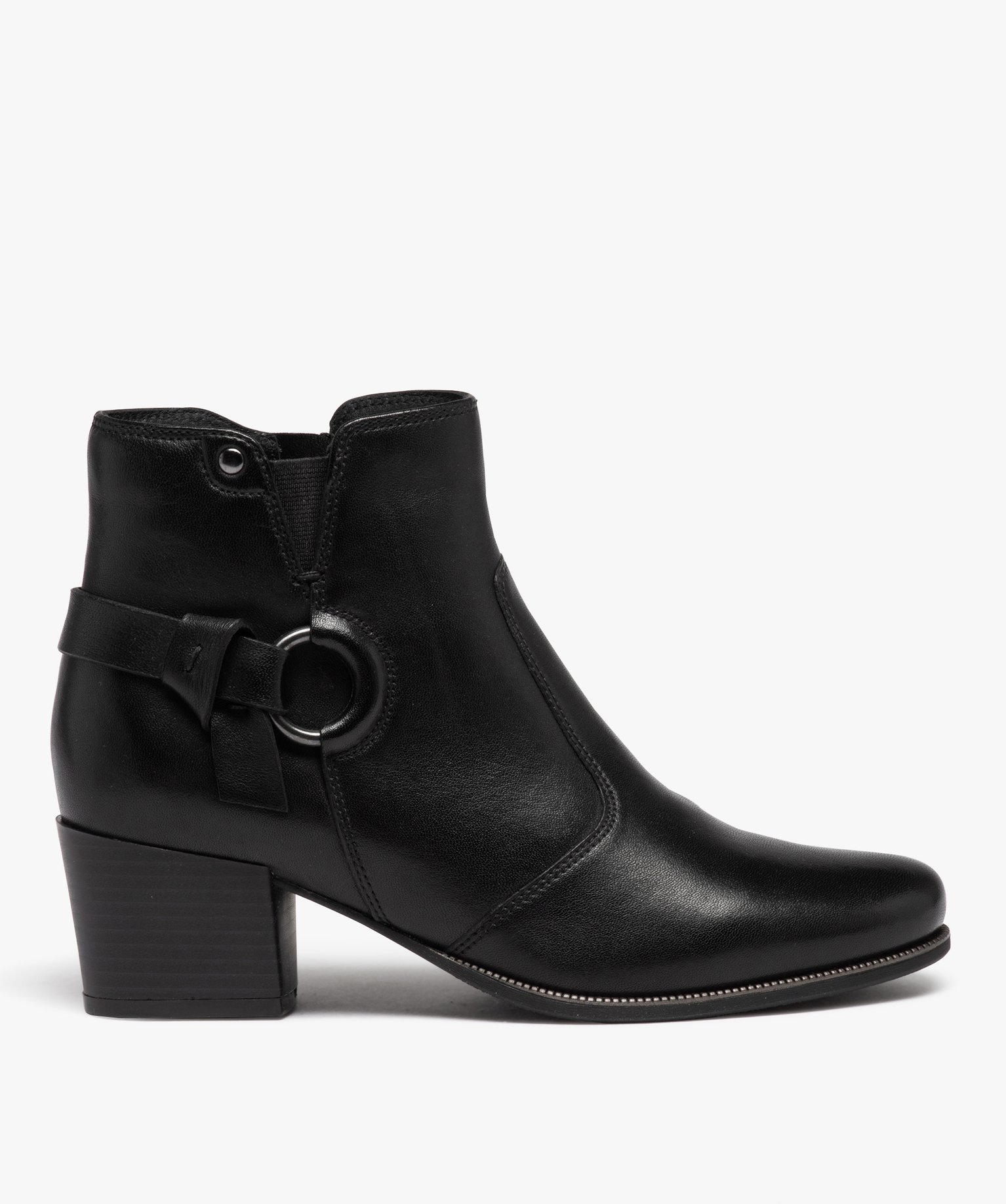 Boots femme dessus en cuir uni à talon carré avec zip noir | GEMO