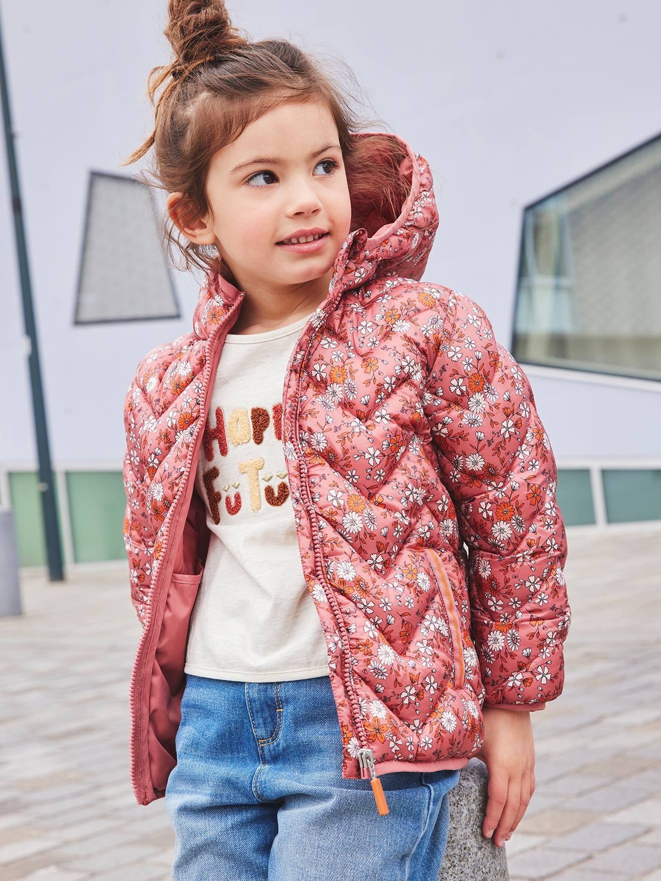 Doudoune légère à capuche fille motifs imprimés moutarde imprimé
