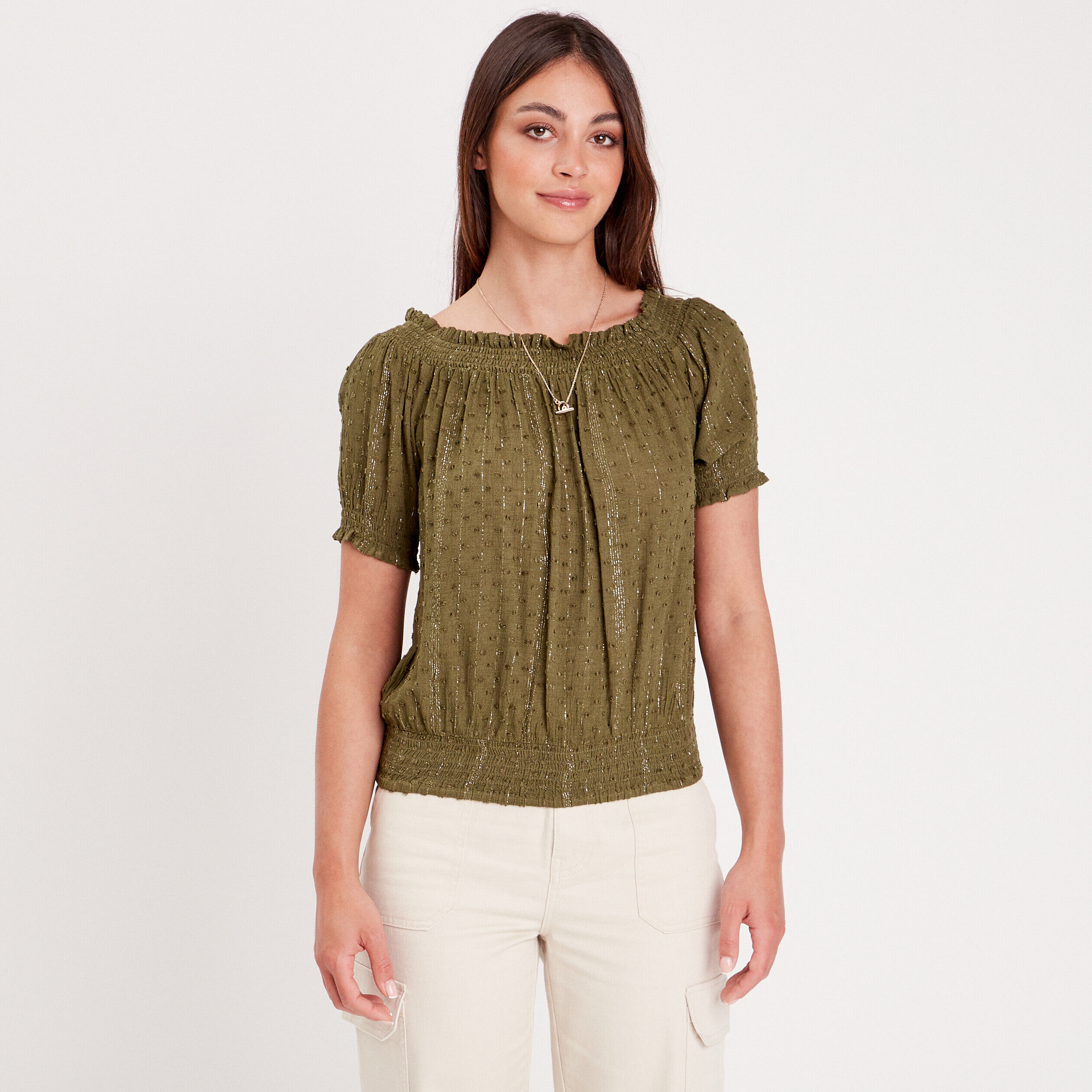 Blouse manches courtes à col bardot vert foncé femme | Cache Cache