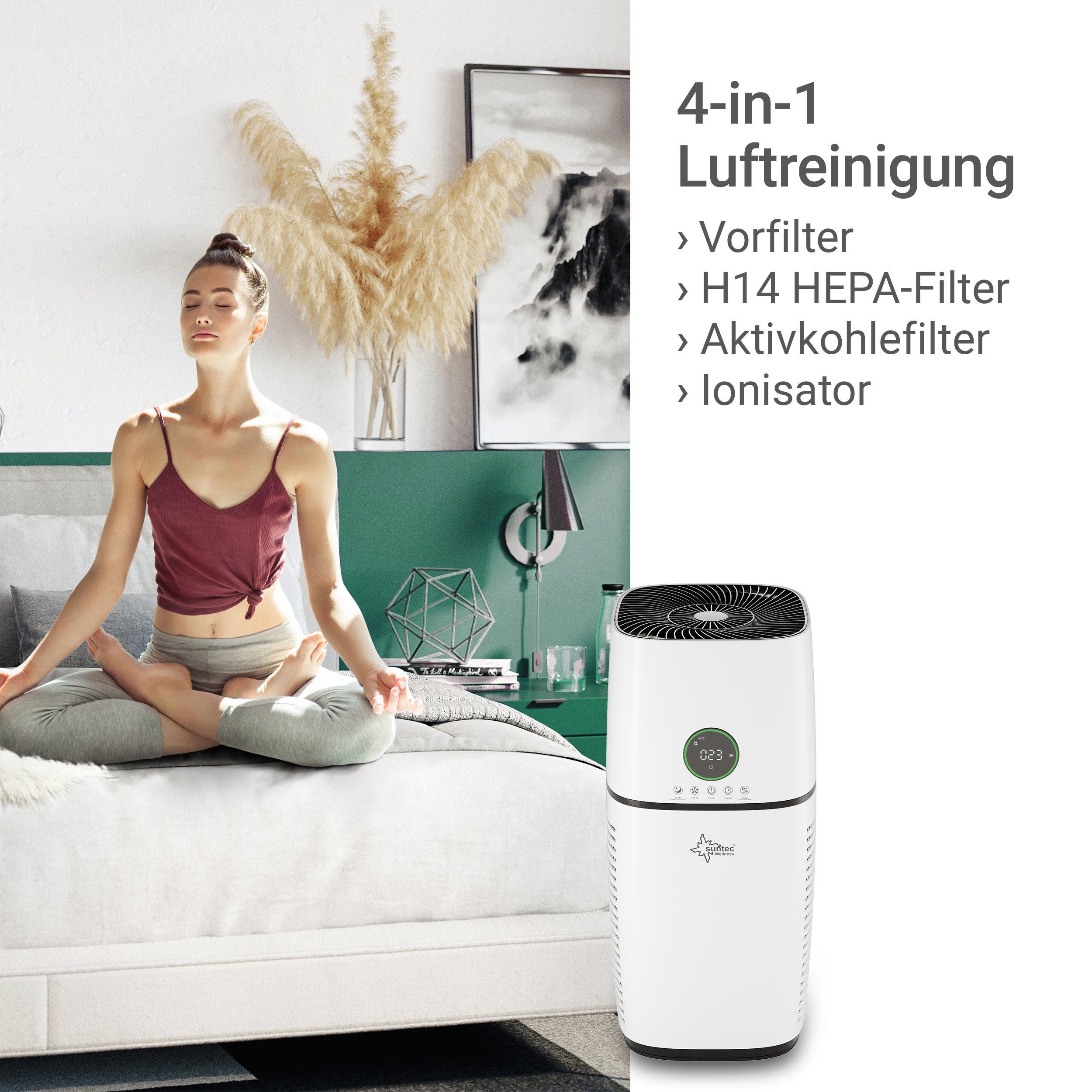 Suntec Wellness Luftreiniger AirCare 4000 VirusEx H14 MultiFilter, für 40 m² Räume, 4 in 1 Luftreinigung, Luftwäscher mit H14 HEPA-Filter, Timer, 65 W