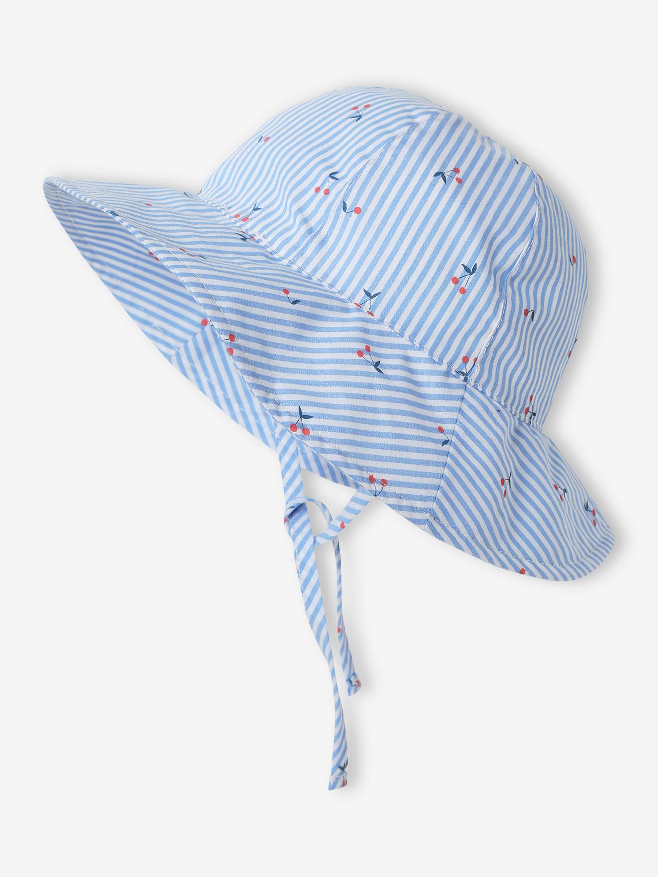 Chapeau rayé et imprimé cerises bébé fille bleu ciel