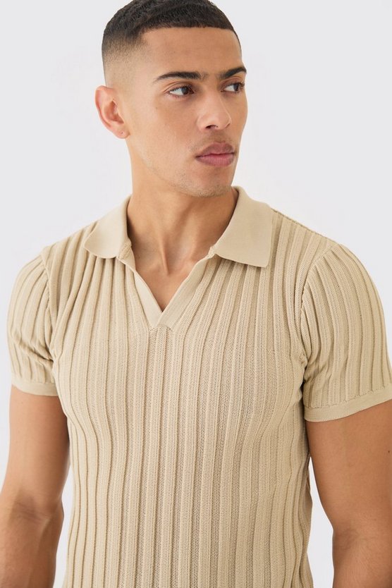 Geripptes Muscle-Fit Strick-Poloshirt
