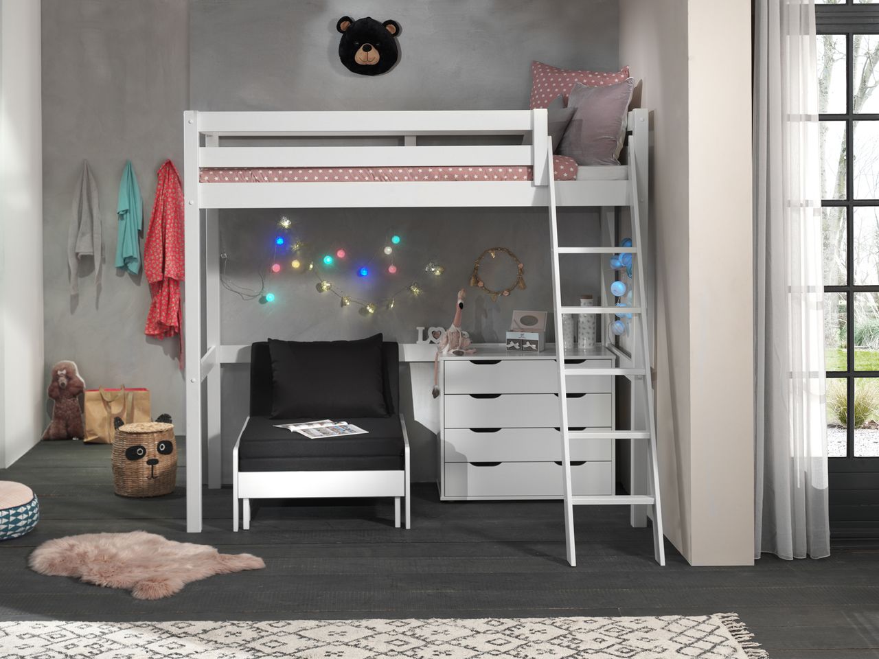 VIPACK Hochbett mit Liegefläche 90 x 200 cm inkl. Sesselbett und Schubladen Kommode